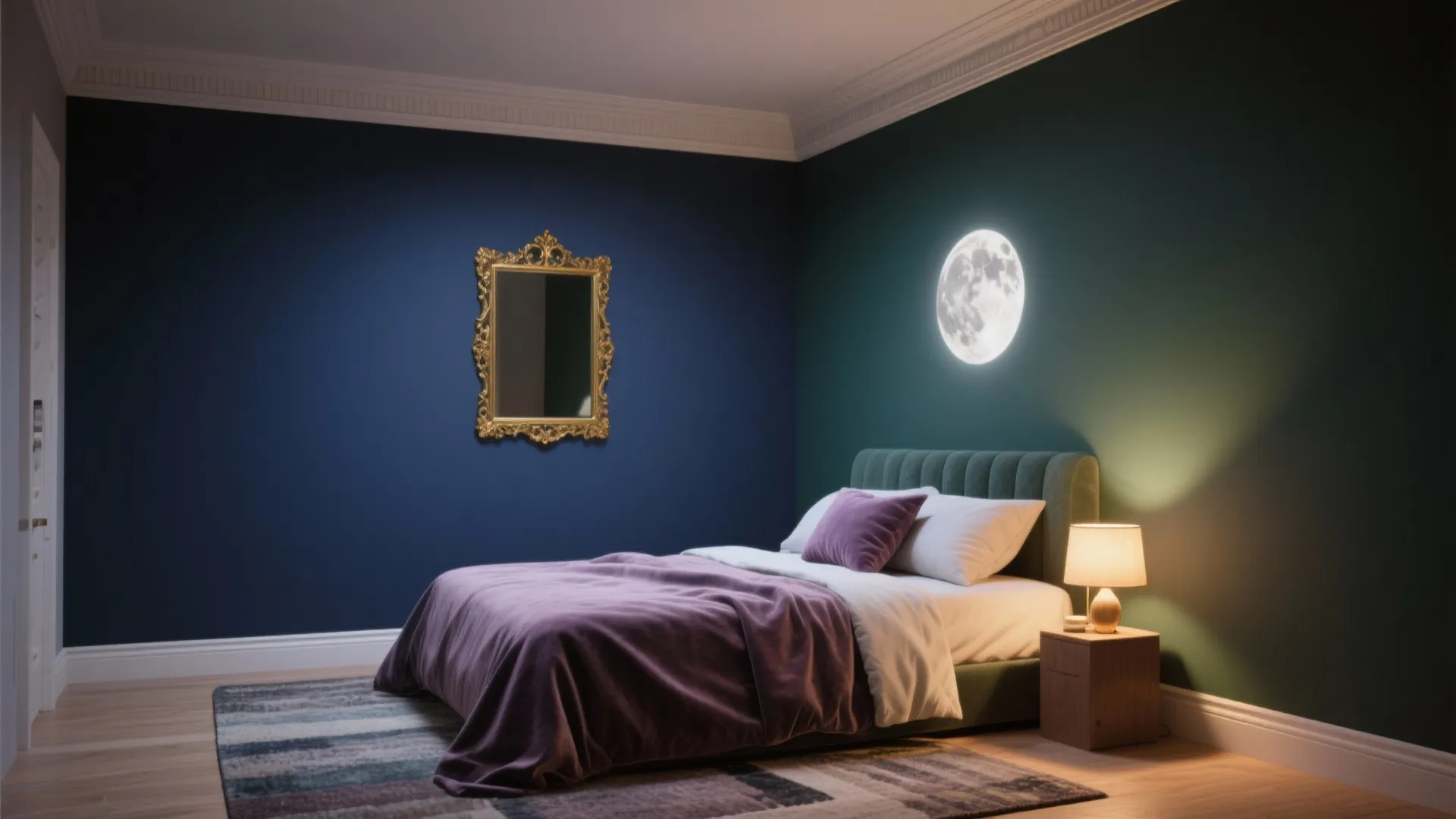 Minimalist bedroom with dark green walls, purple blanket, gold mirror, and a glowing moon light