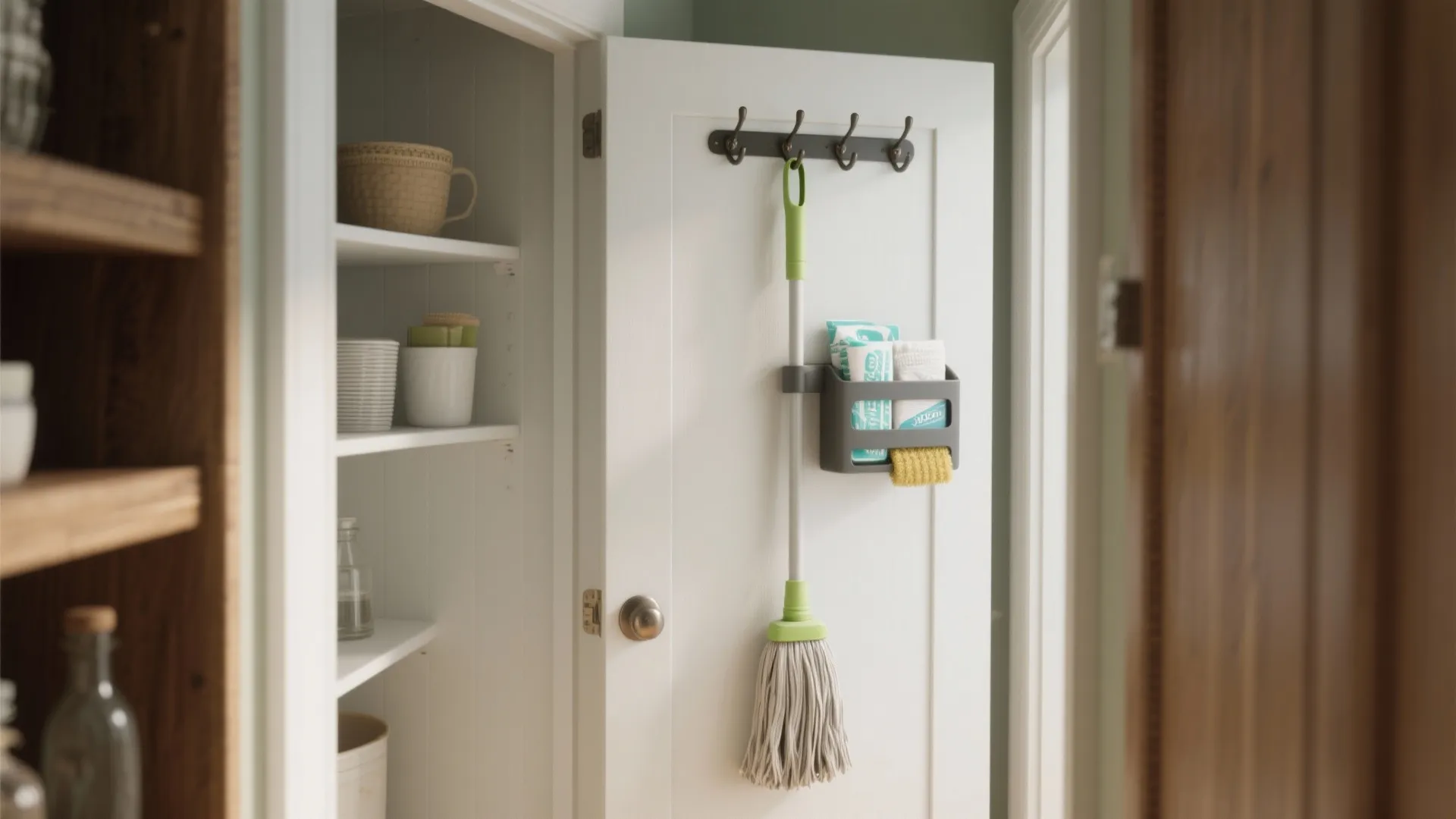 Slim wall-mounted station holding a mop and wipes inside a pantry panel.
