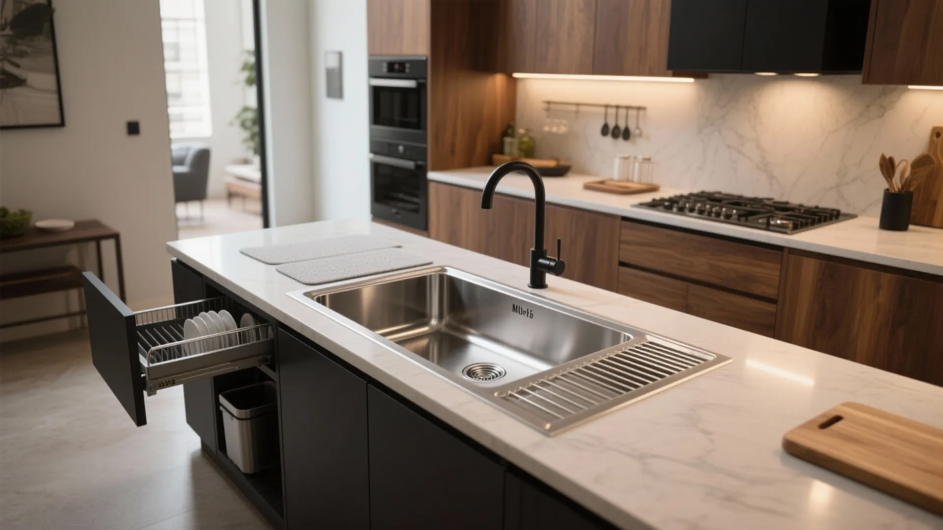 Modern kitchen island with stainless steel sink black faucet wood cabinets and open dishwasher drawer