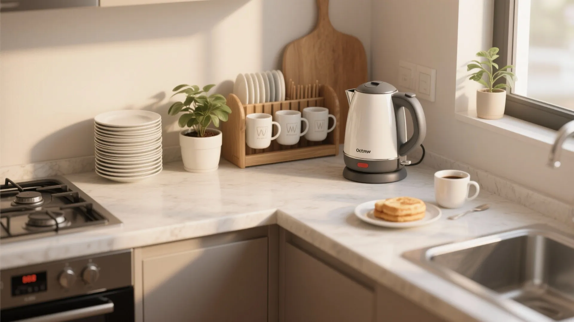 Compact coffee-and-breakfast nook near a kitchenette with kettle and stackable plates.
