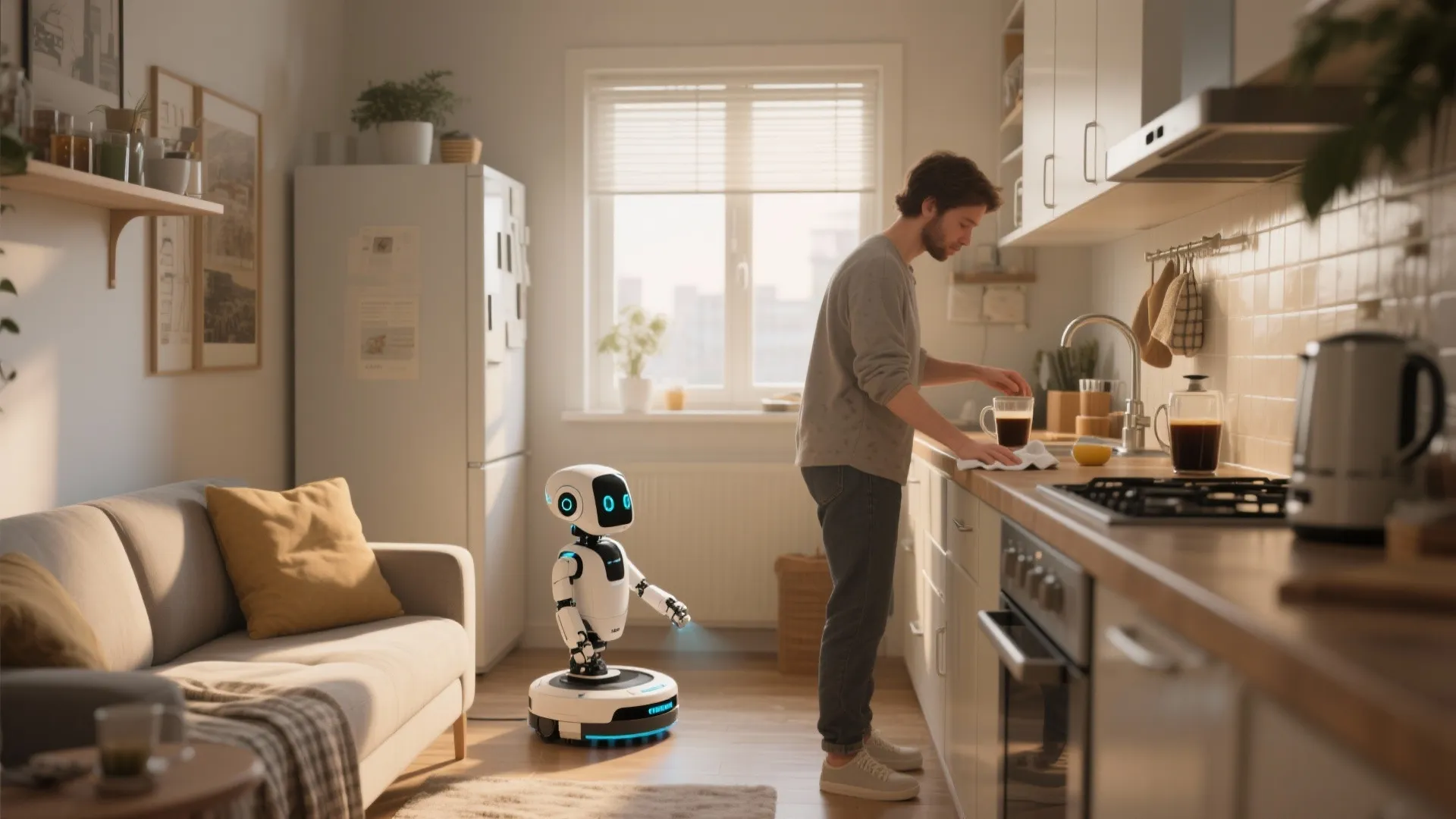 A man preparing coffee in a modern white kitchen while a small service robot stands nearby