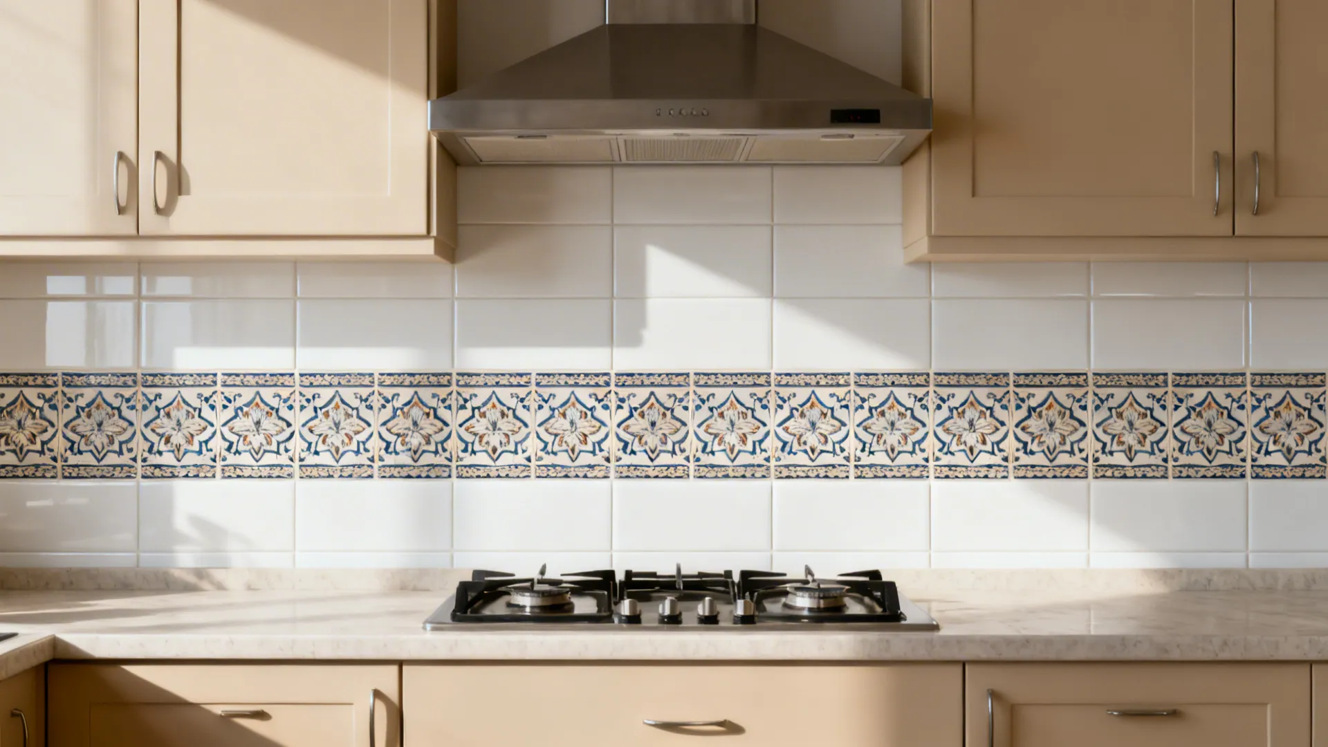 Beige kitchen cabinets featuring white patterned tile wall above a gas stove and silver hood
