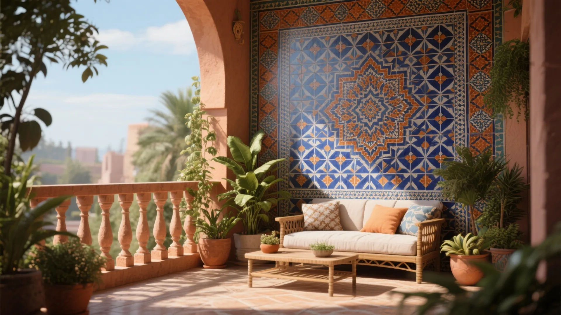 Moroccan style balcony with blue patterned wall tiles white sofa coffee table and potted plants