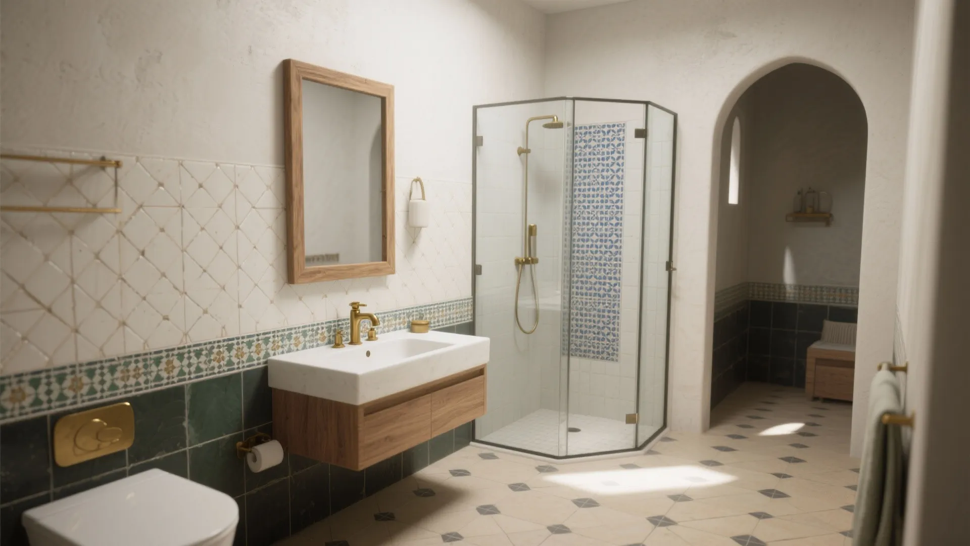 Moroccan style bathroom with green tiles wood vanity gold faucet glass shower and white arched