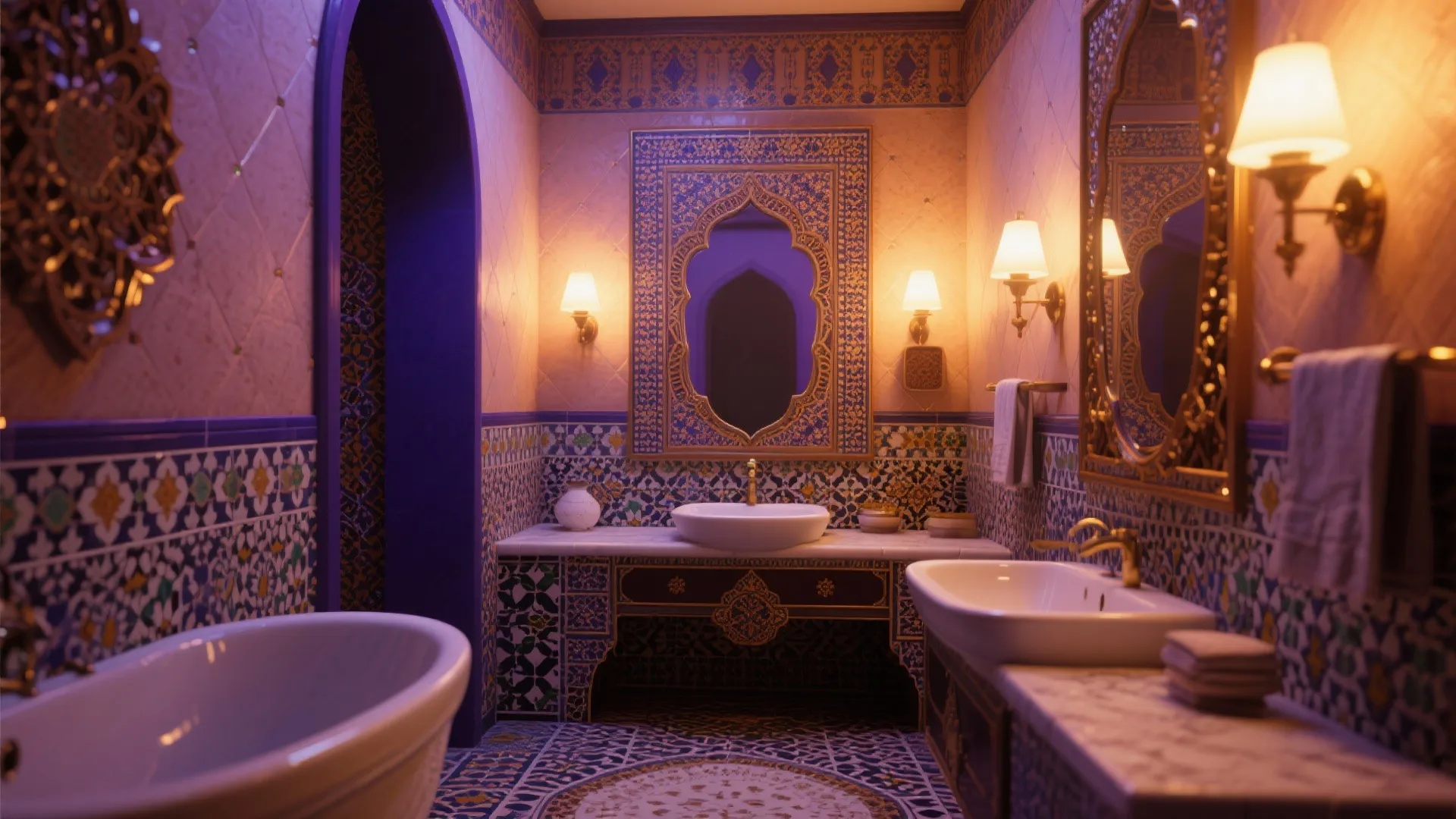 Moroccan style bathroom with purple arched door patterned blue tiles gold mirrors and warm lighting