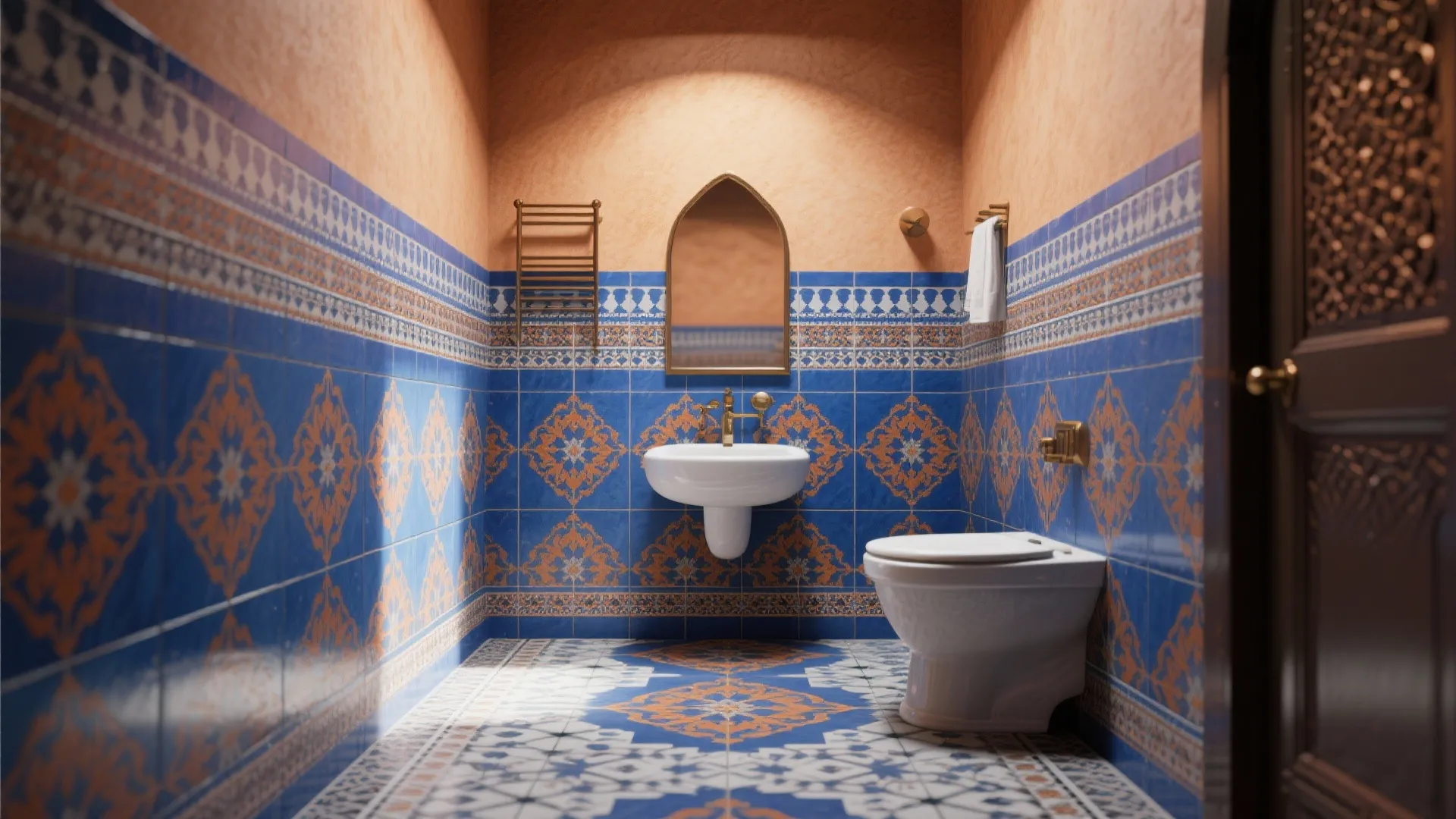 Moroccan style bathroom with blue and orange patterned tiles, white sink, toilet, and arched mirror