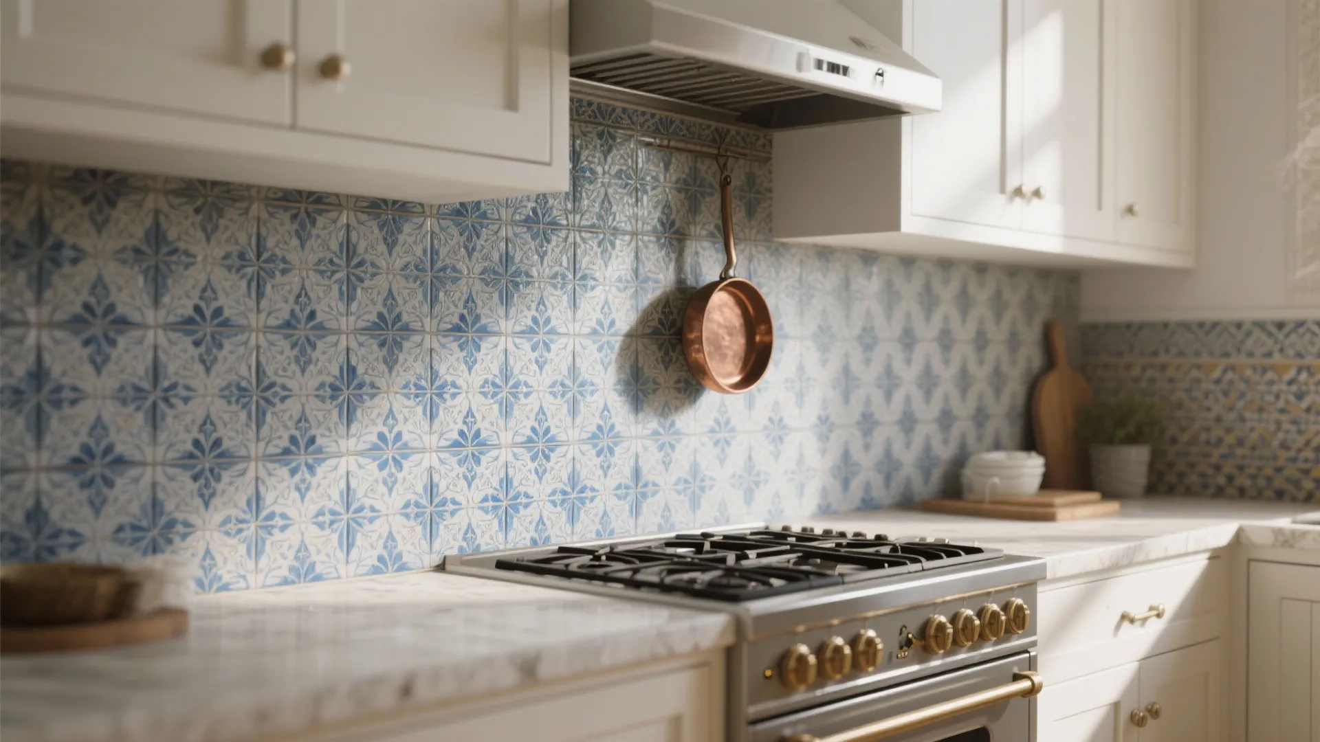 Kitchen interior with blue pattern wall tiles white cabinets stove and copper pan hanging on wall