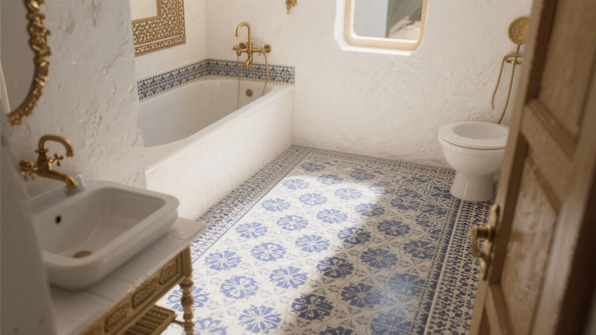 Moroccan style bathroom with blue pattern floor tiles white walls gold fixtures and white bathtub