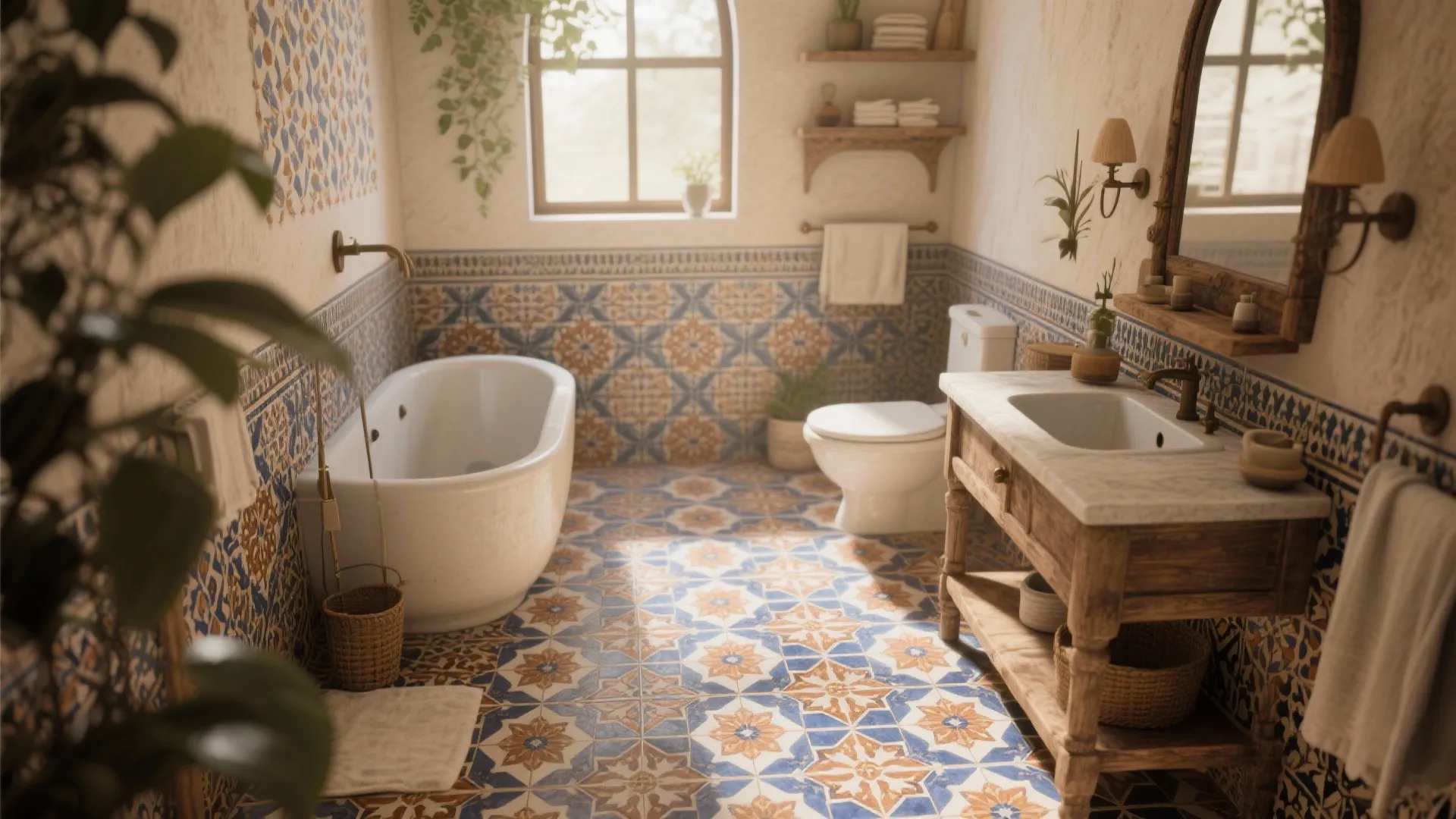 Bathroom with Moroccan-inspired encaustic tiles in warm and blue tones