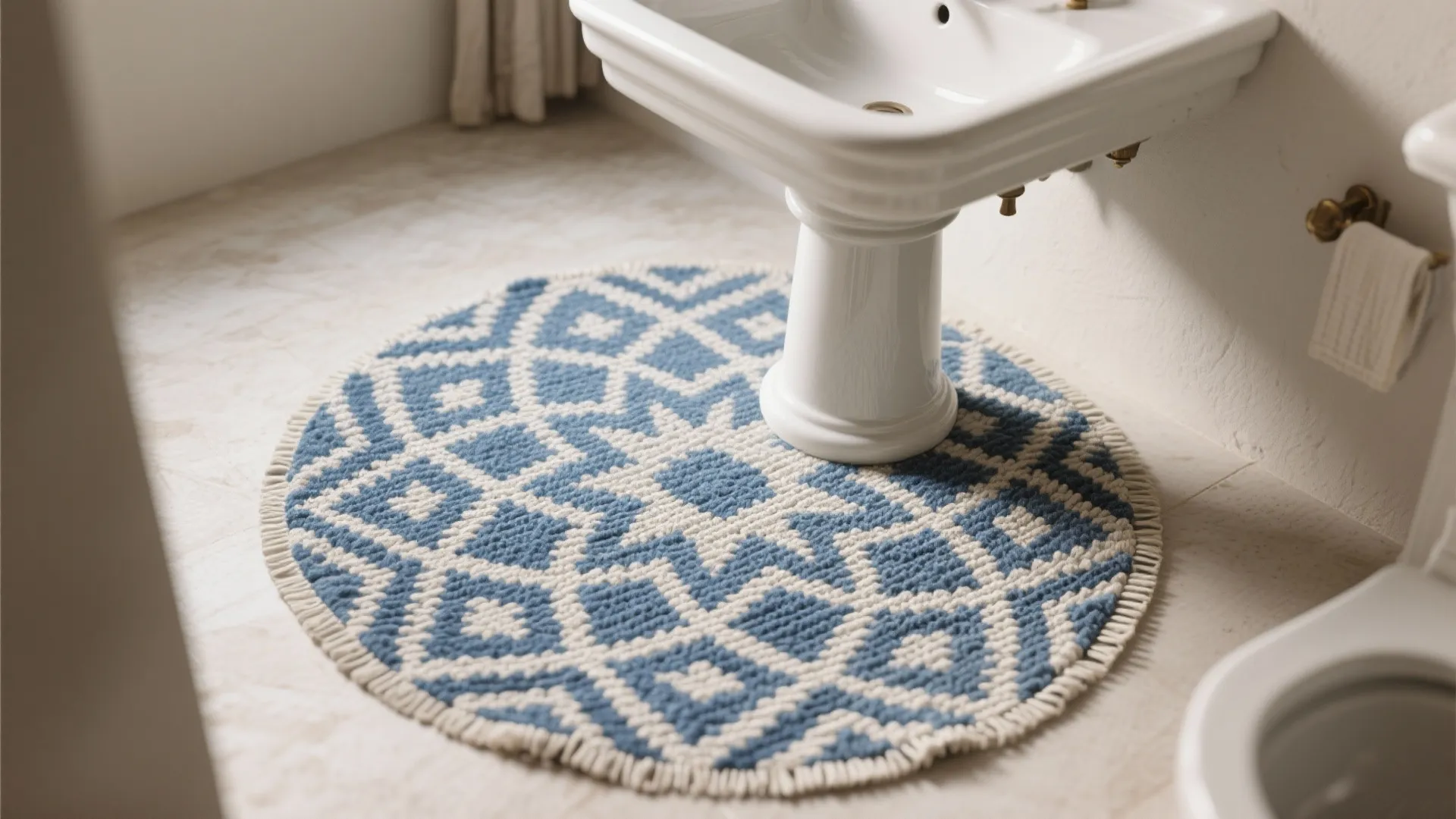 Round blue and white pattern rug placed under a white pedestal sink in a bright bathroom