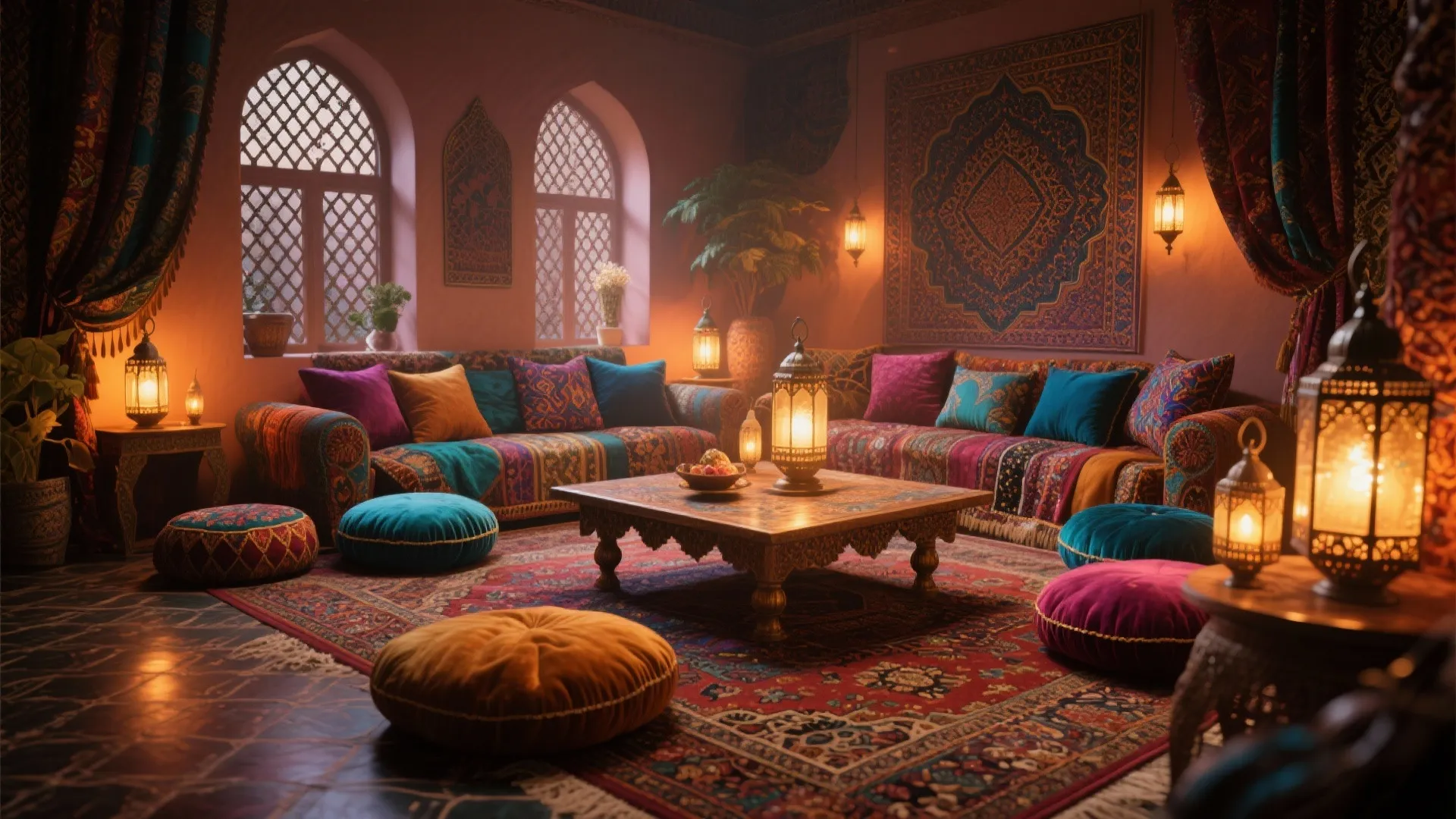 Warm lounge area with patterned low sofas colorful pillows large rug and several glowing lanterns