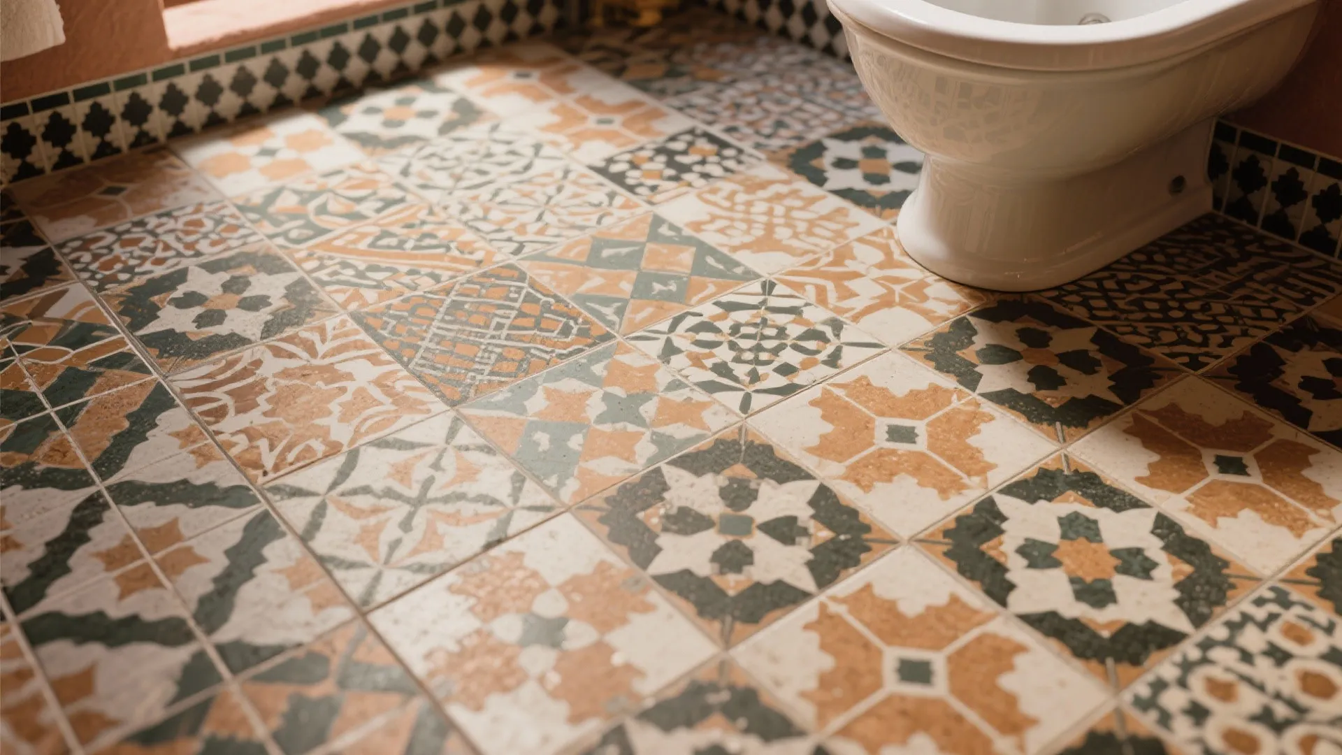 Close up of colorful patterned floor tiles in a bathroom next to a white toilet