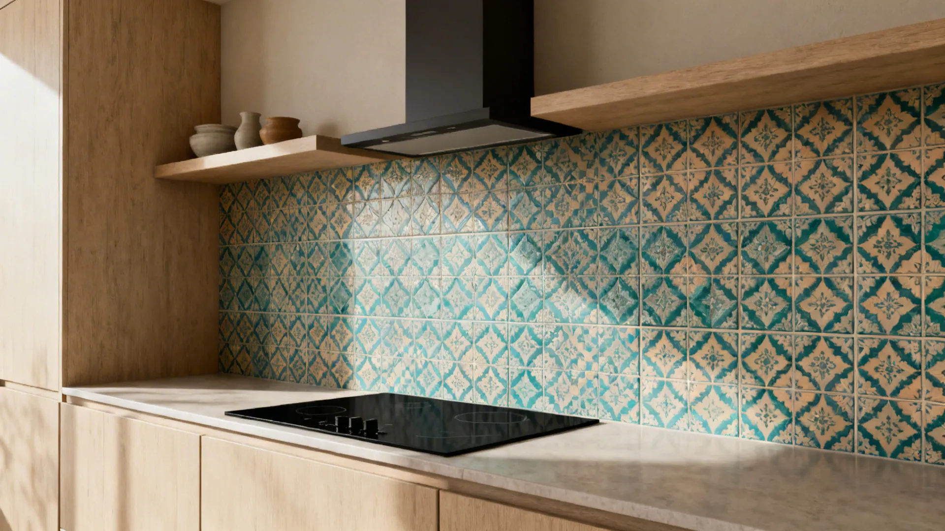 Matte Moroccan-inspired teal and sand patterned backsplash panel in an Indian kitchen