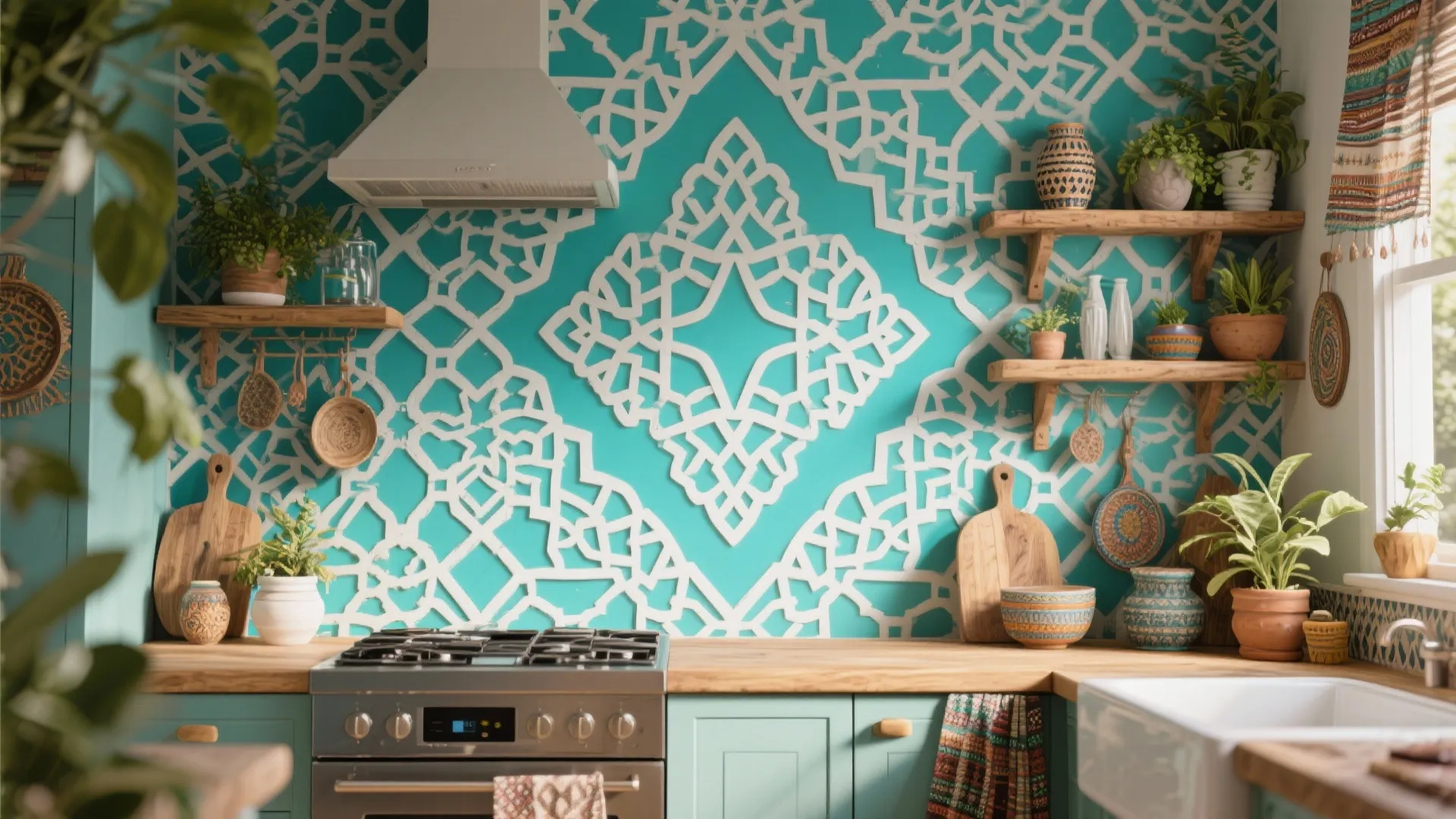 Kitchen with teal wall and white stencil patterns featuring wooden countertops and green potted plants