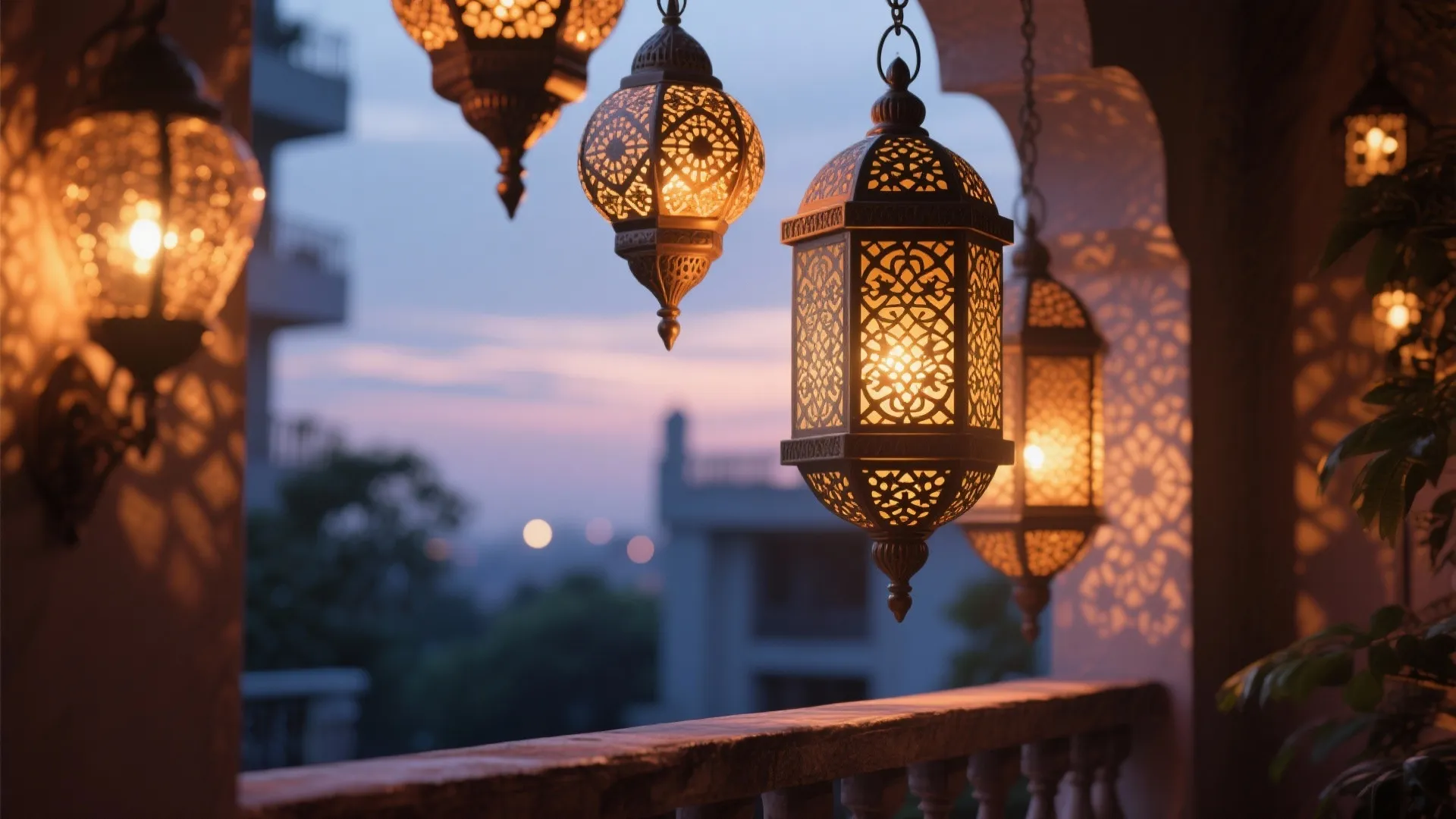 Hanging metal lanterns on a balcony at sunset with a soft glow and city lights