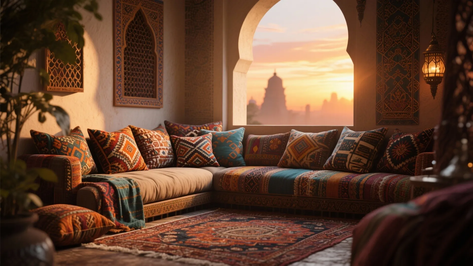 Cozy Moroccan style lounge with patterned pillows colorful rug arched window and warm sunset view