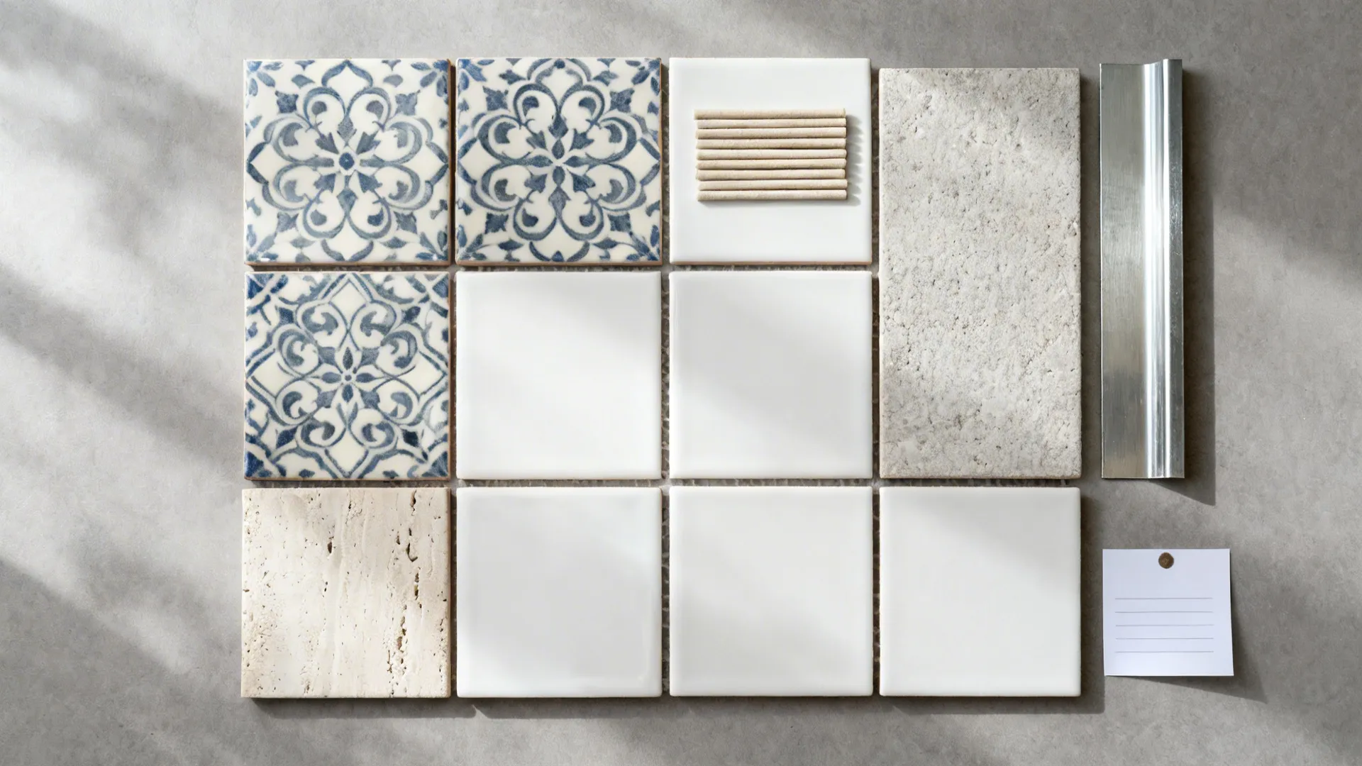 Blue patterned tiles white square tiles stone samples and metal trim on a grey surface