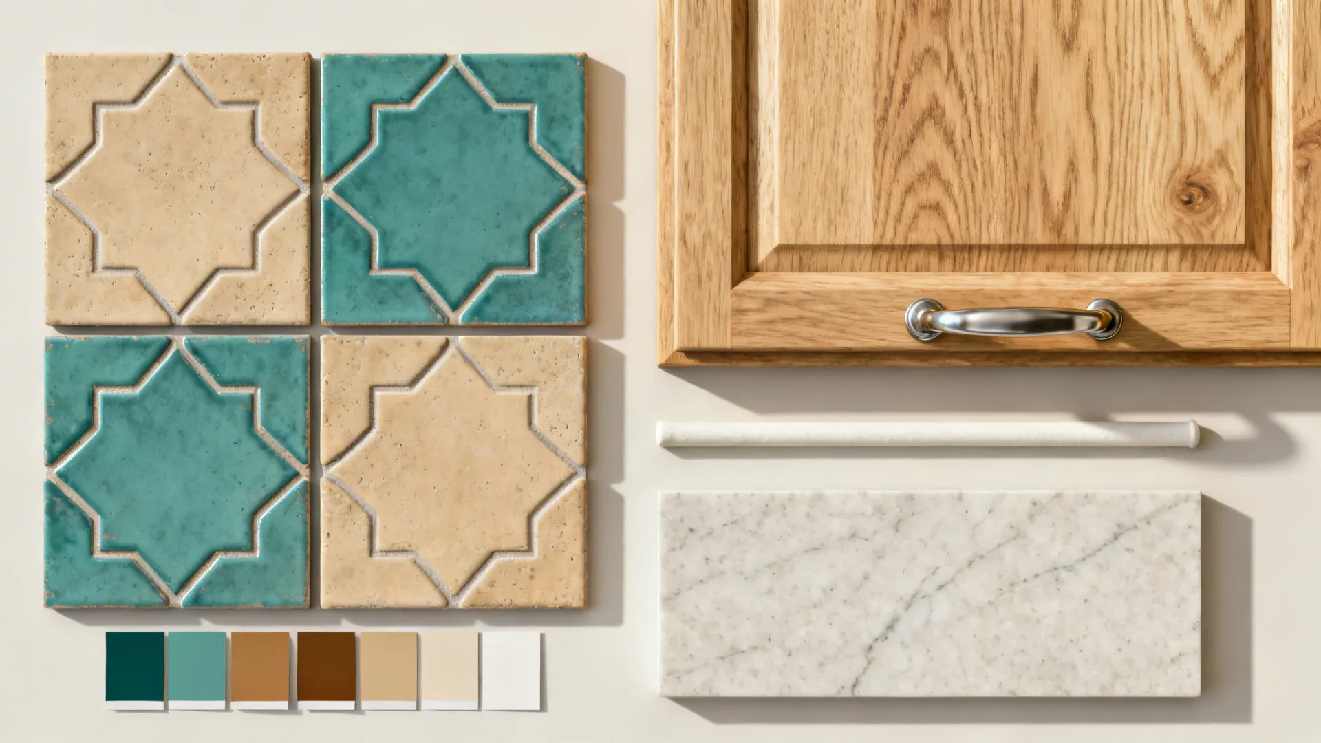 Top-down material board with Moroccan-style tiles, wood veneer, grout, and quartz samples