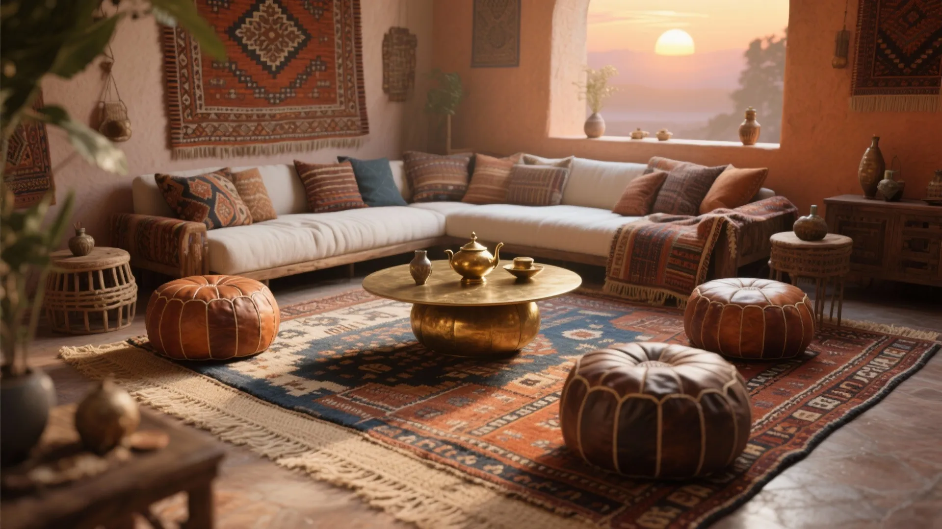 Moroccan-Inspired Mix: Kilim Rugs, Poufs & Low Tables
