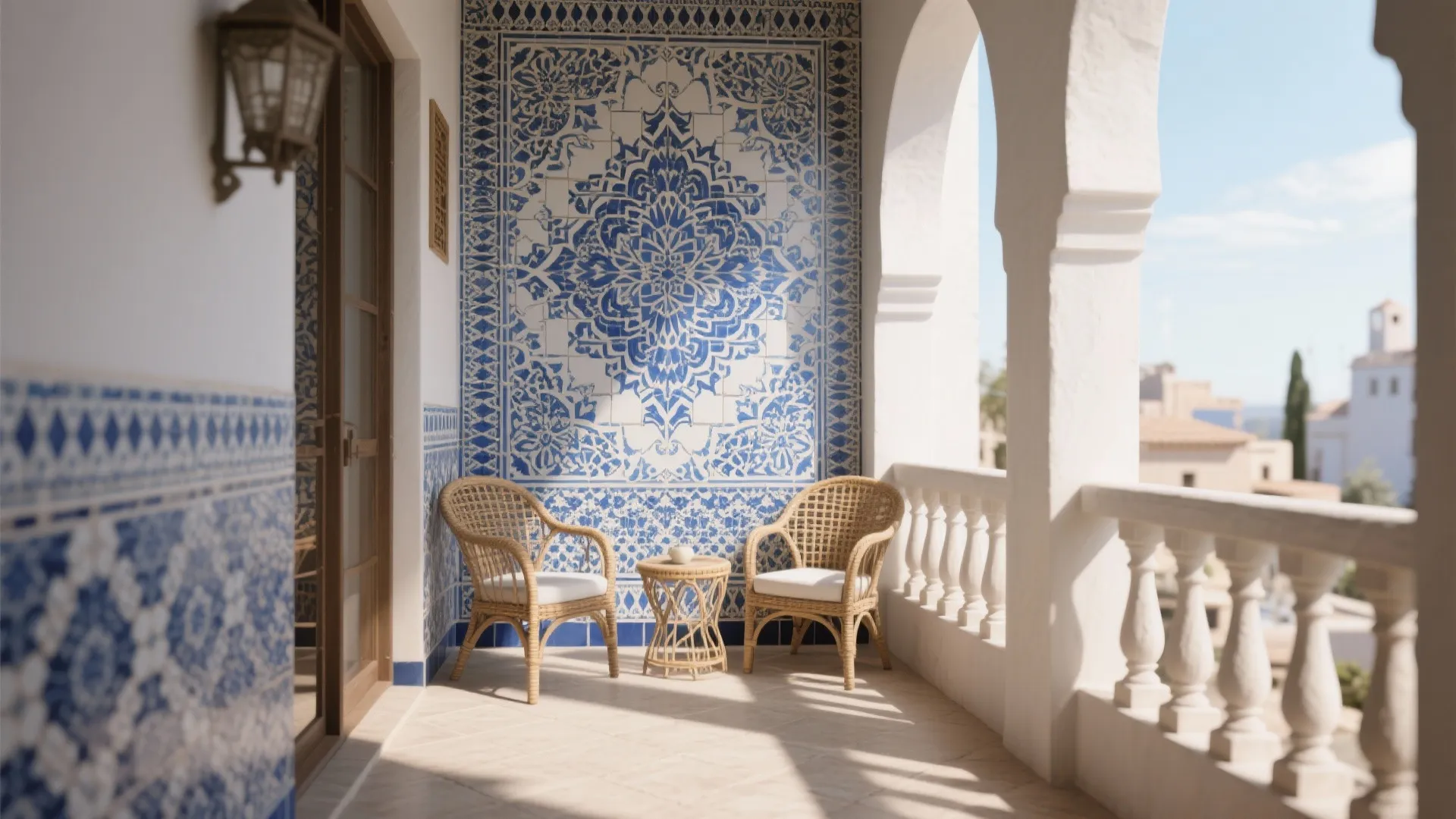 Bright balcony with blue pattern wall tiles two wicker chairs and a small round table