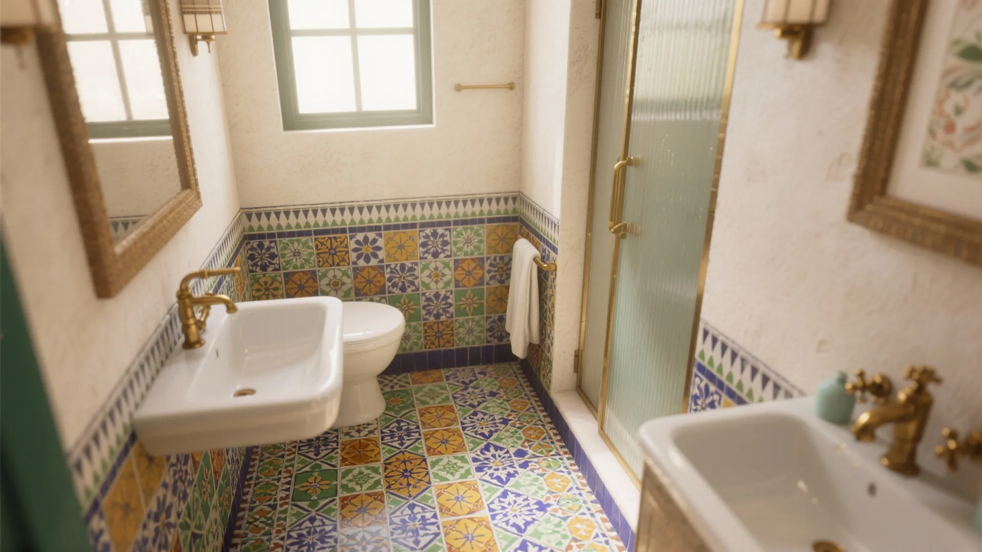 Colorful bathroom with patterned mosaic tiles on floor and walls white sink gold light fixture