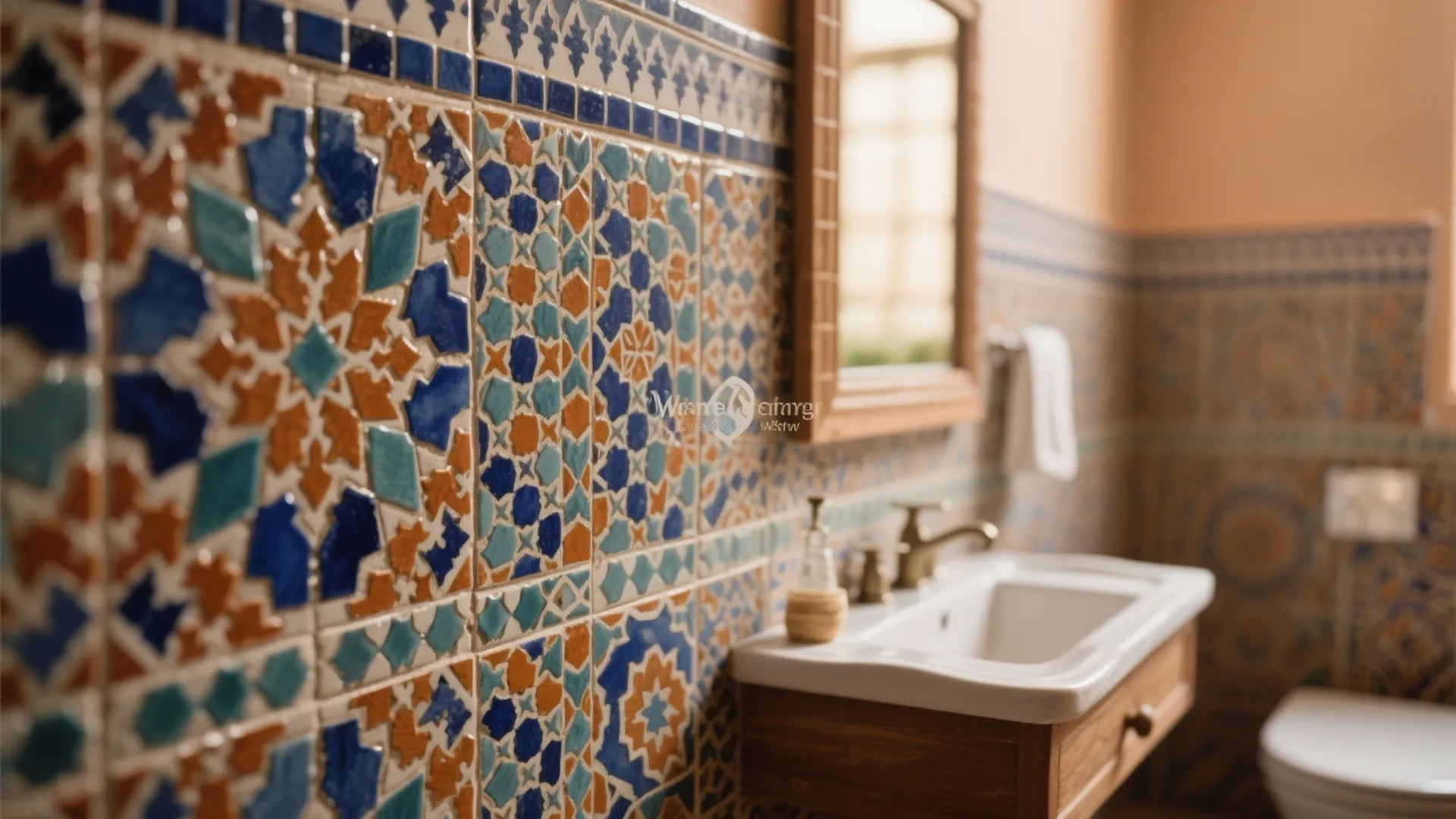 Traditional bathroom with colorful pattern wall tiles a wooden sink cabinet and a gold faucet