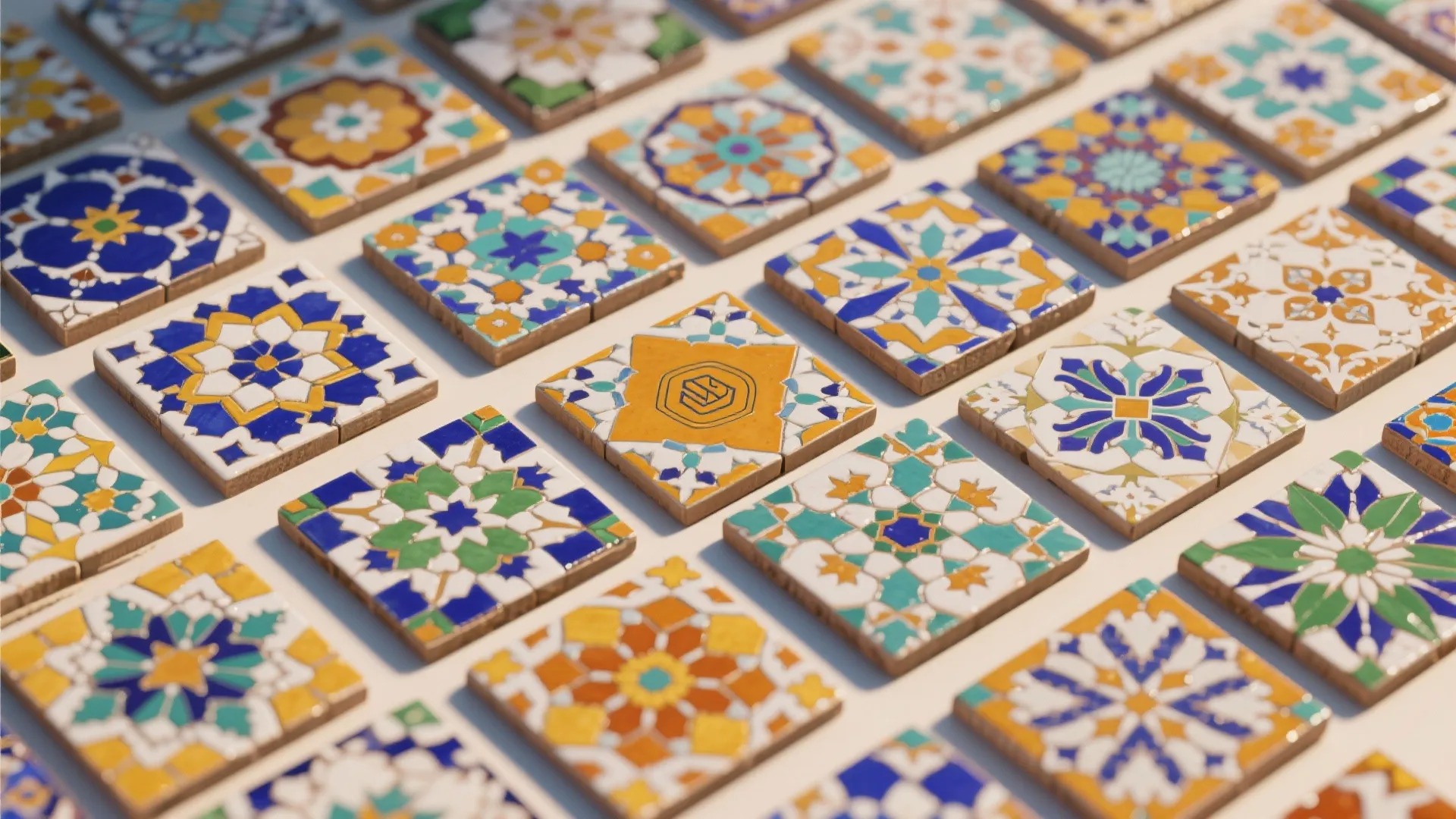 Colorful square floor tiles with blue green and yellow patterns laid out on a white surface
