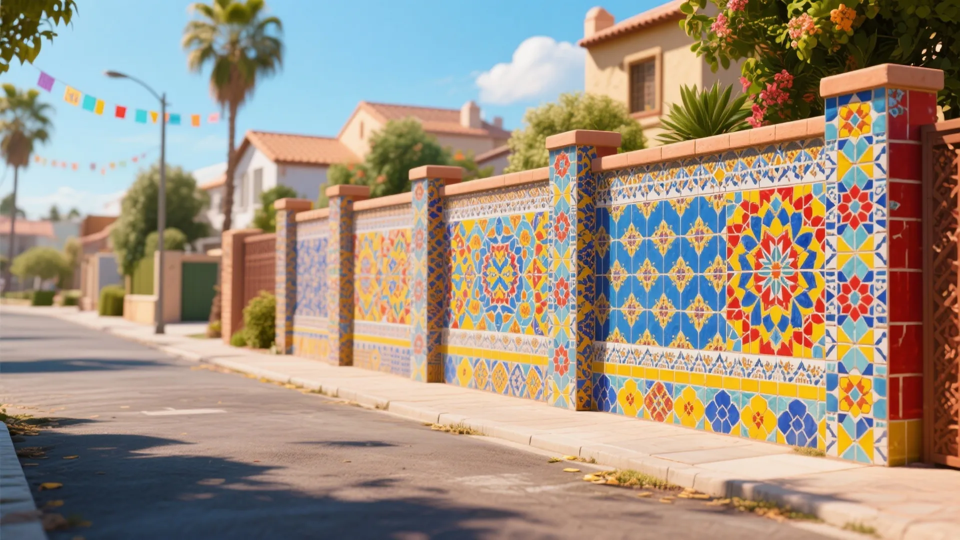 Outdoor street view featuring a long wall decorated with colorful blue yellow and red tiles