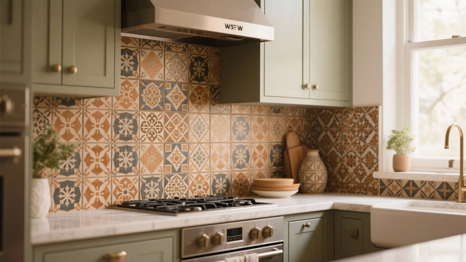 Green kitchen cabinets with patterned wall tiles above a gas stove and white marble countertop