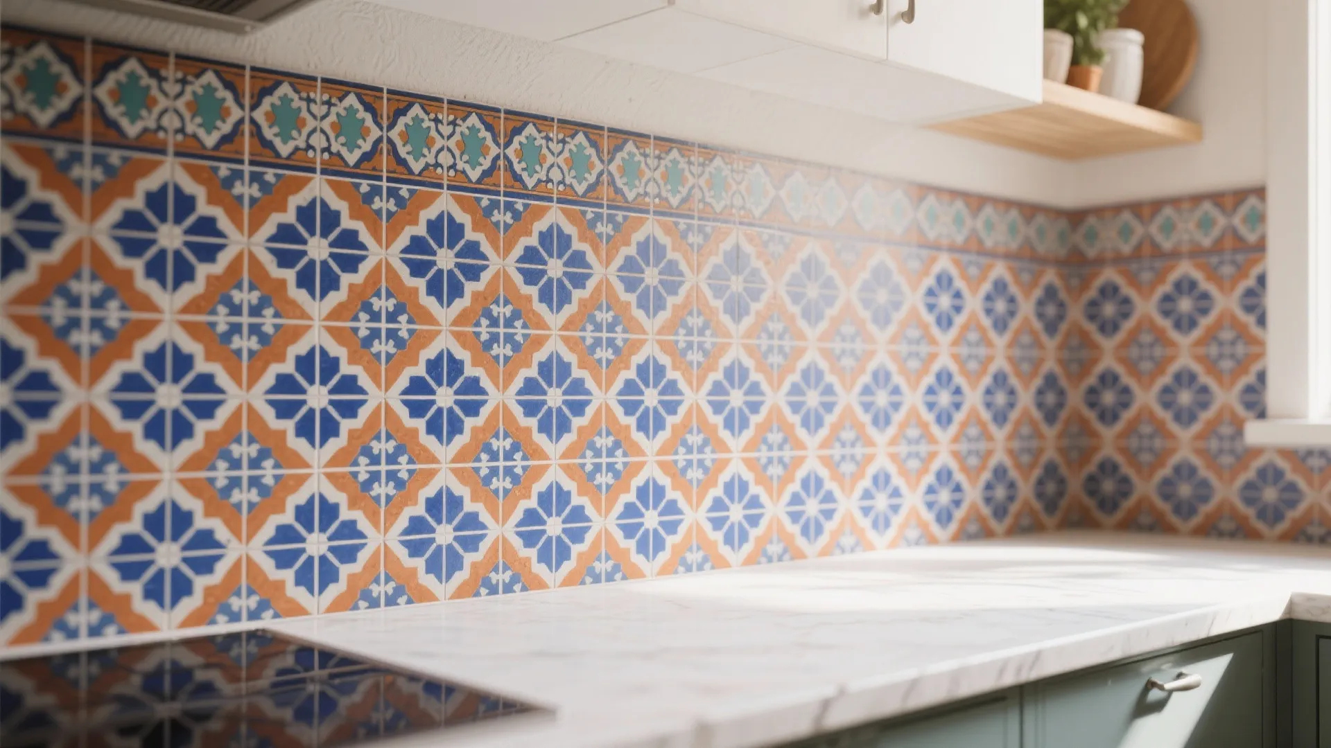 Kitchen wall with Moroccan-patterned cement tiles in blue and terracotta