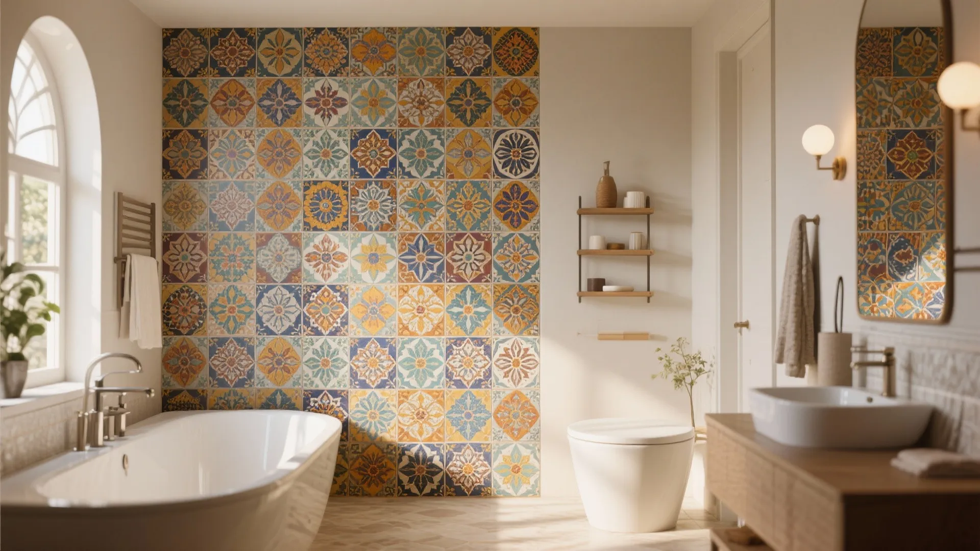 Bathroom featuring colorful patterned wall tiles, white bathtub, toilet, wooden cabinet, and bright arched window