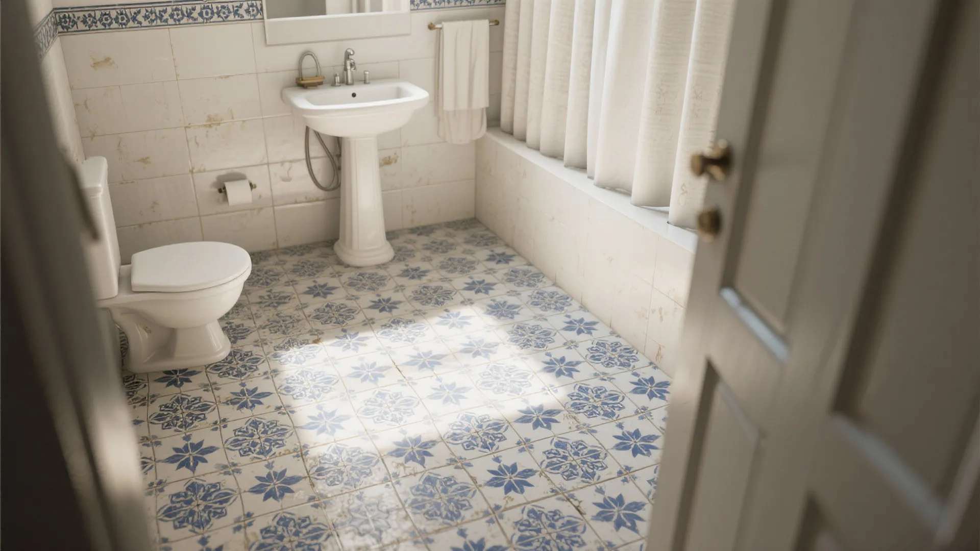 Bathroom interior with blue floral pattern floor tiles white toilet pedestal sink and cream curtain