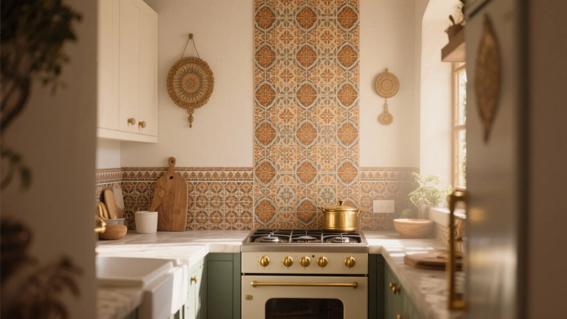 Cozy kitchen featuring orange patterned wall tiles behind a white stove with gold knobs and sunlight