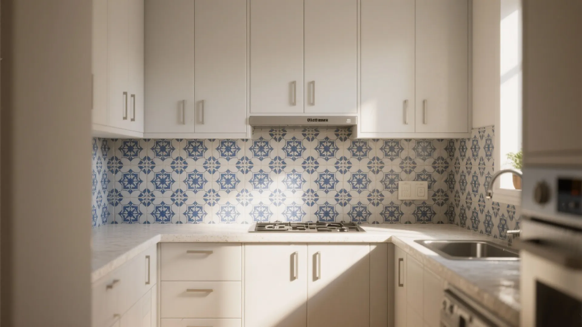 Modern white kitchen with blue and white patterned tile backsplash and white cabinets in natural