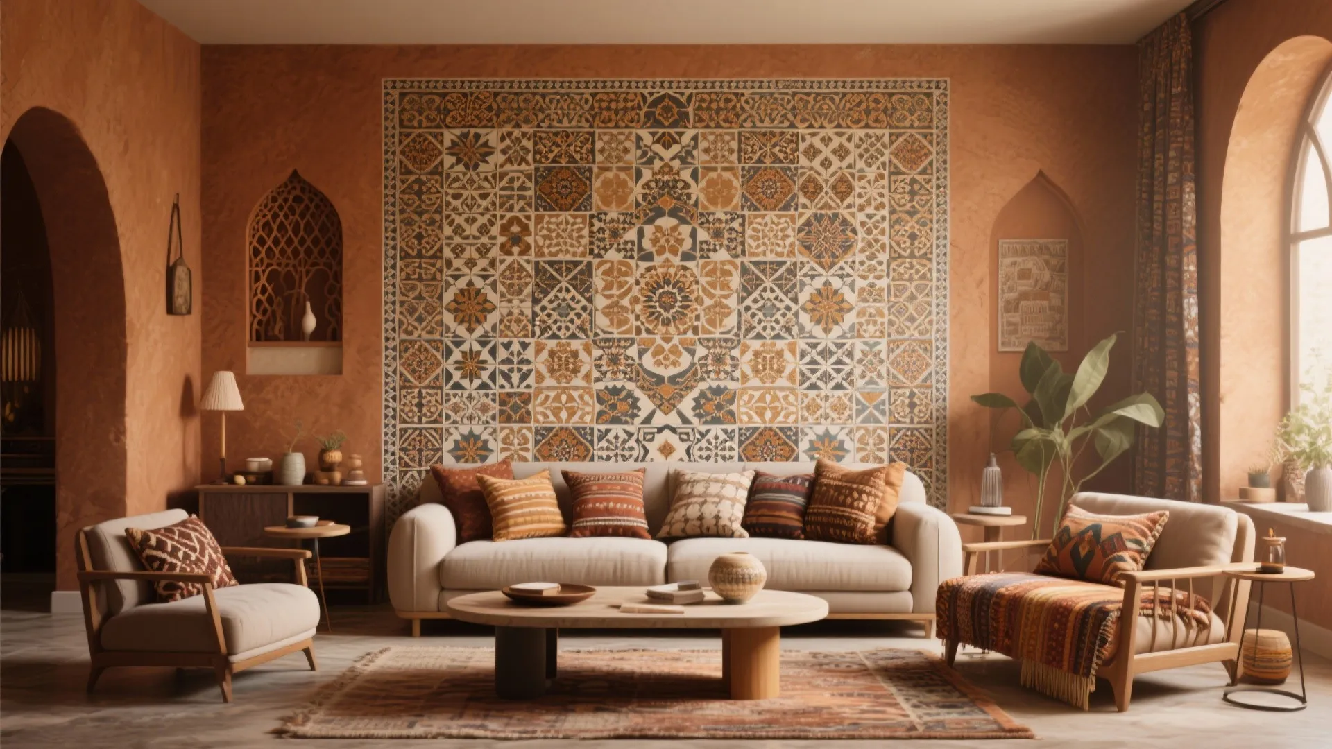 Living room with Moroccan tile patterned mural