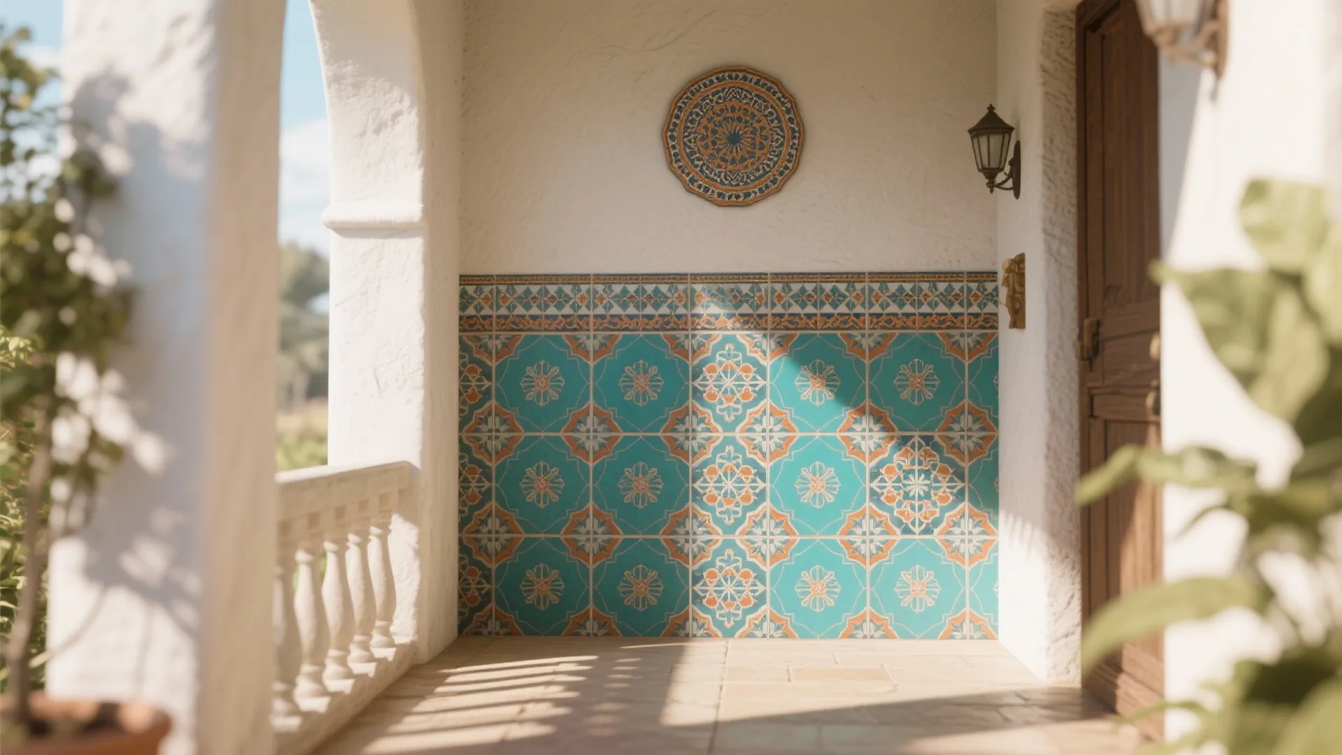 Mediterranean porch featuring blue patterned wall tiles, white arch, wall light, and wood front door