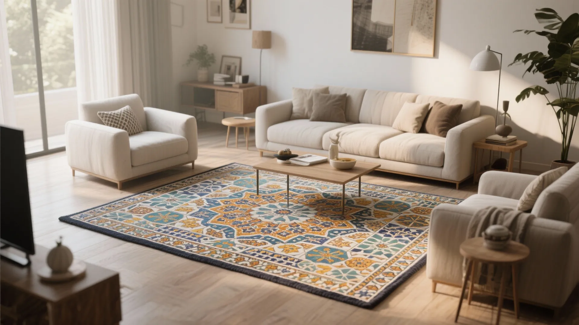 Living room with Moroccan-inspired patterned tile centerpiece