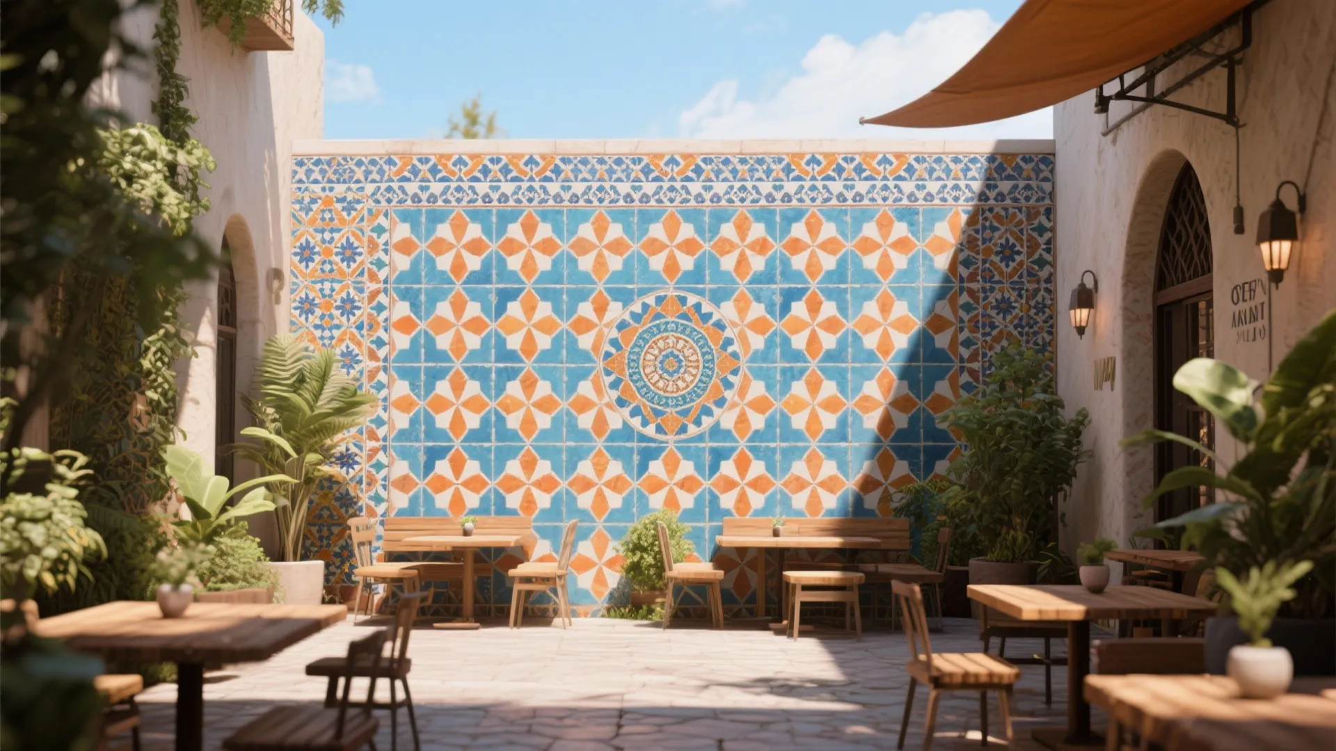 Outdoor patio featuring a large blue and orange tiled wall with wooden tables and chairs