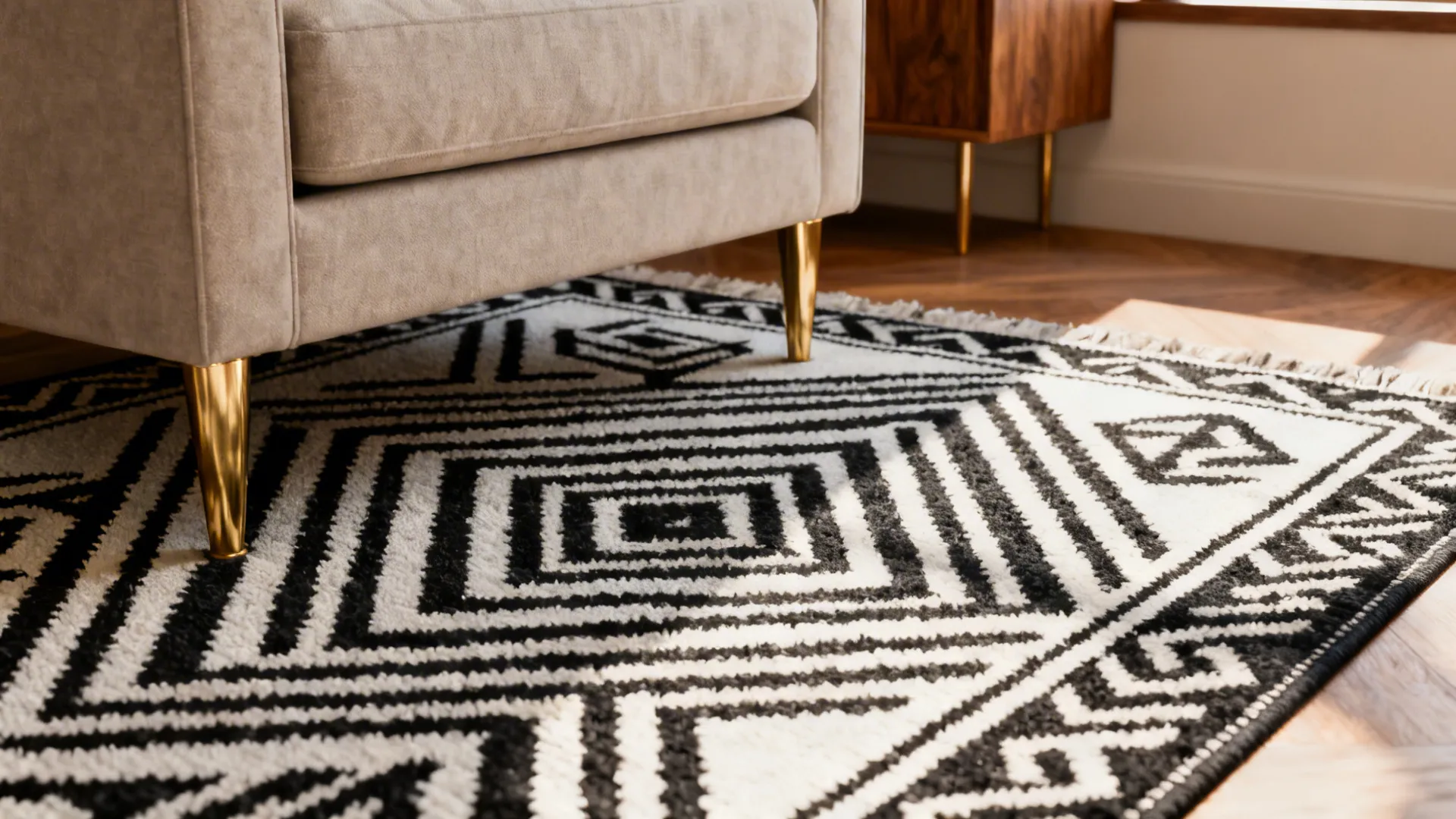 Small living room with a black-and-white Moroccan-inspired rug and warm wood accents.