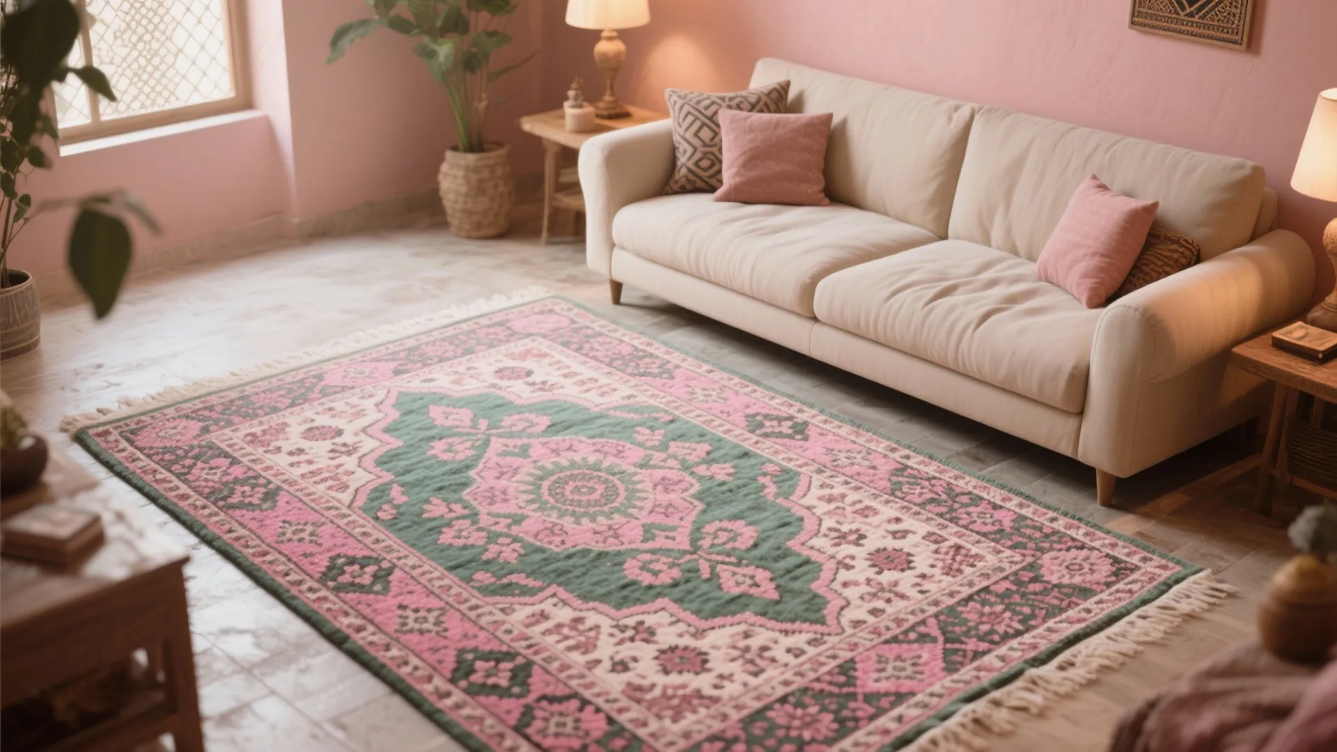 Pink and green patterned rug on wooden floor in living room with beige sofa set