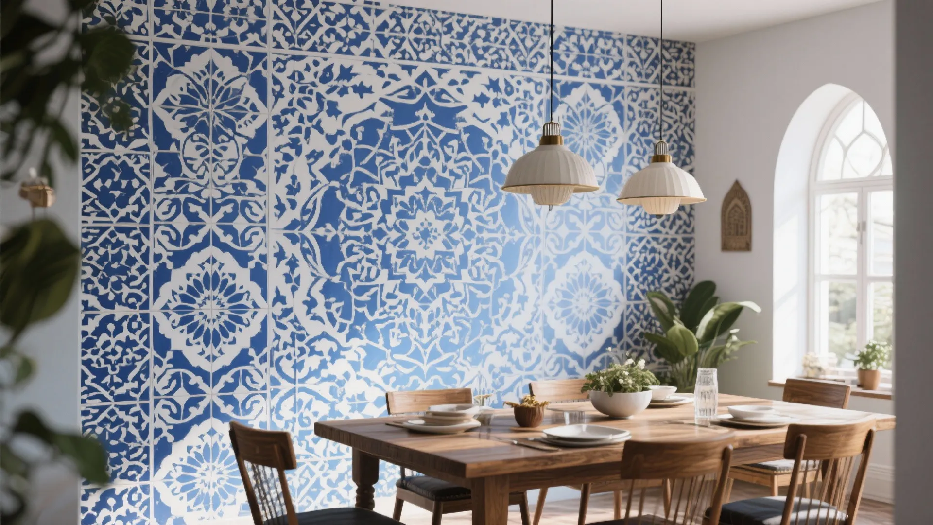 Dining room with wooden table blue patterned wall art ceiling light fixtures and arched window
