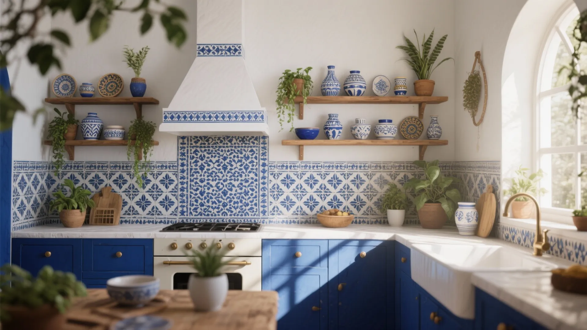 Bright kitchen with blue cabinets patterned wall tiles wooden shelves white stove and green indoor plants