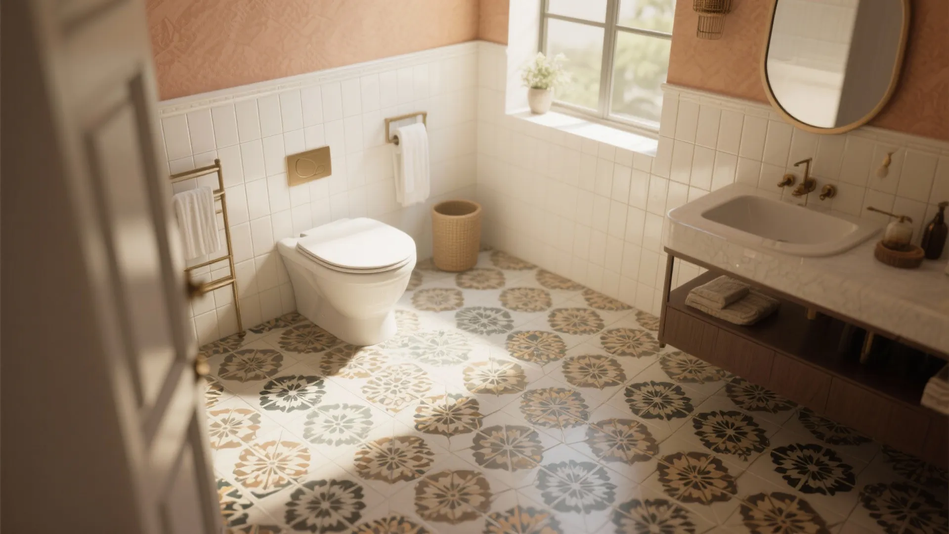 Vintage bathroom with patterned floor tiles white wall tiles toilet sink mirror and warm sunlight