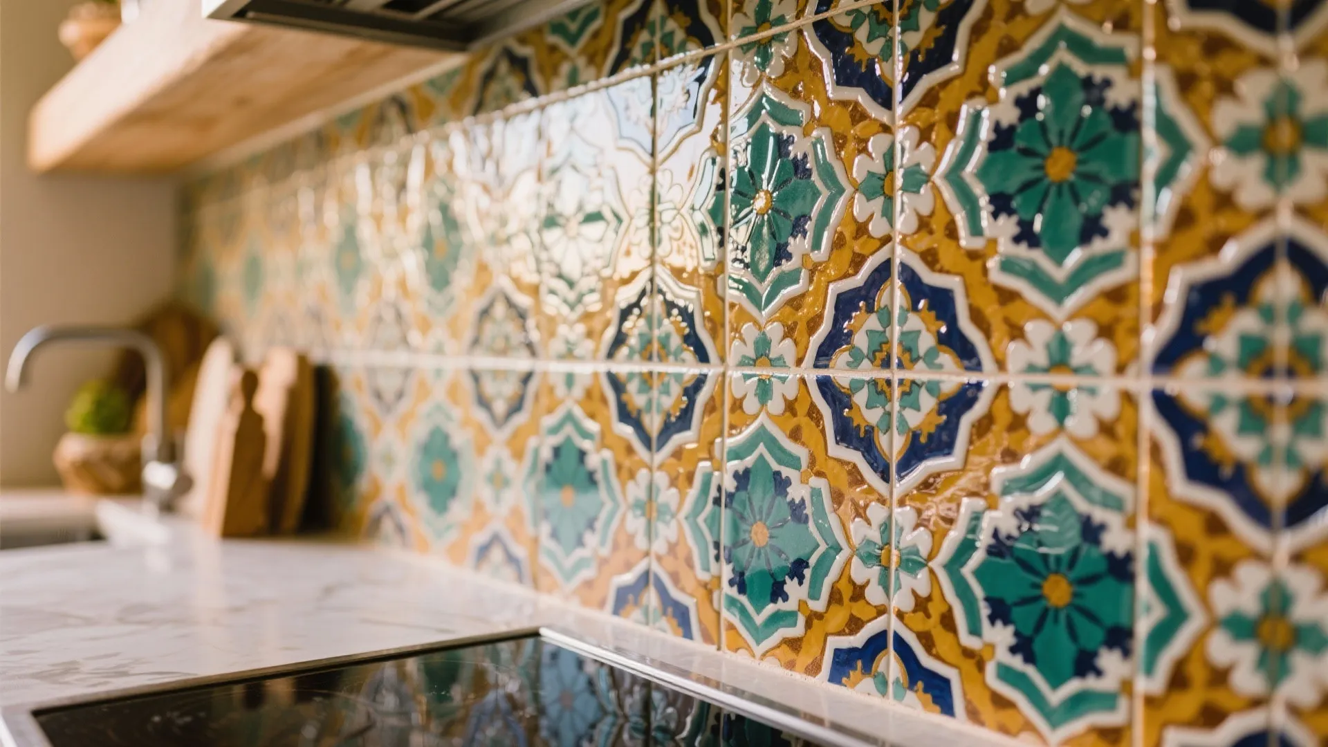 Close up of colorful patterned wall tiles behind a kitchen stove and marble counter top