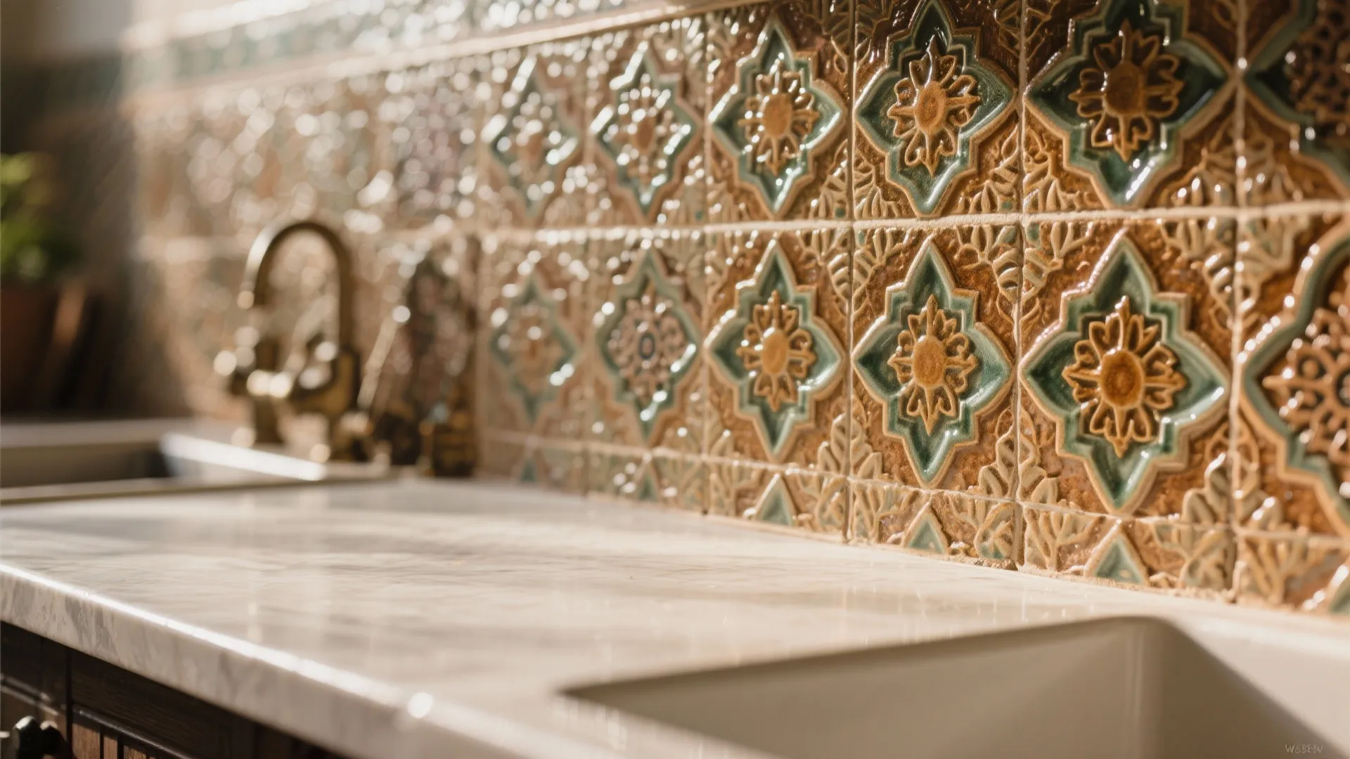 Close-up of Moroccan textured tiles as kitchen backsplash