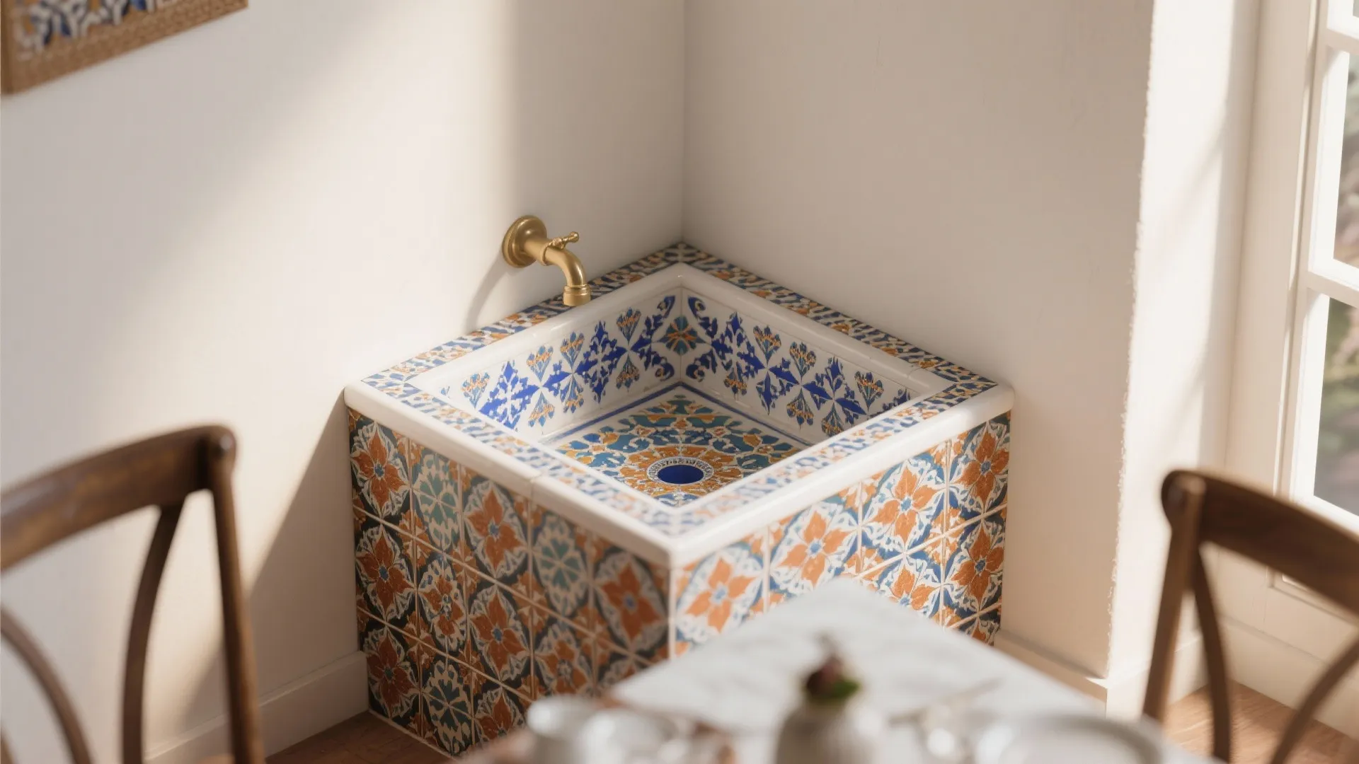 Colorful Moroccan tiles in a dining room basin corner
