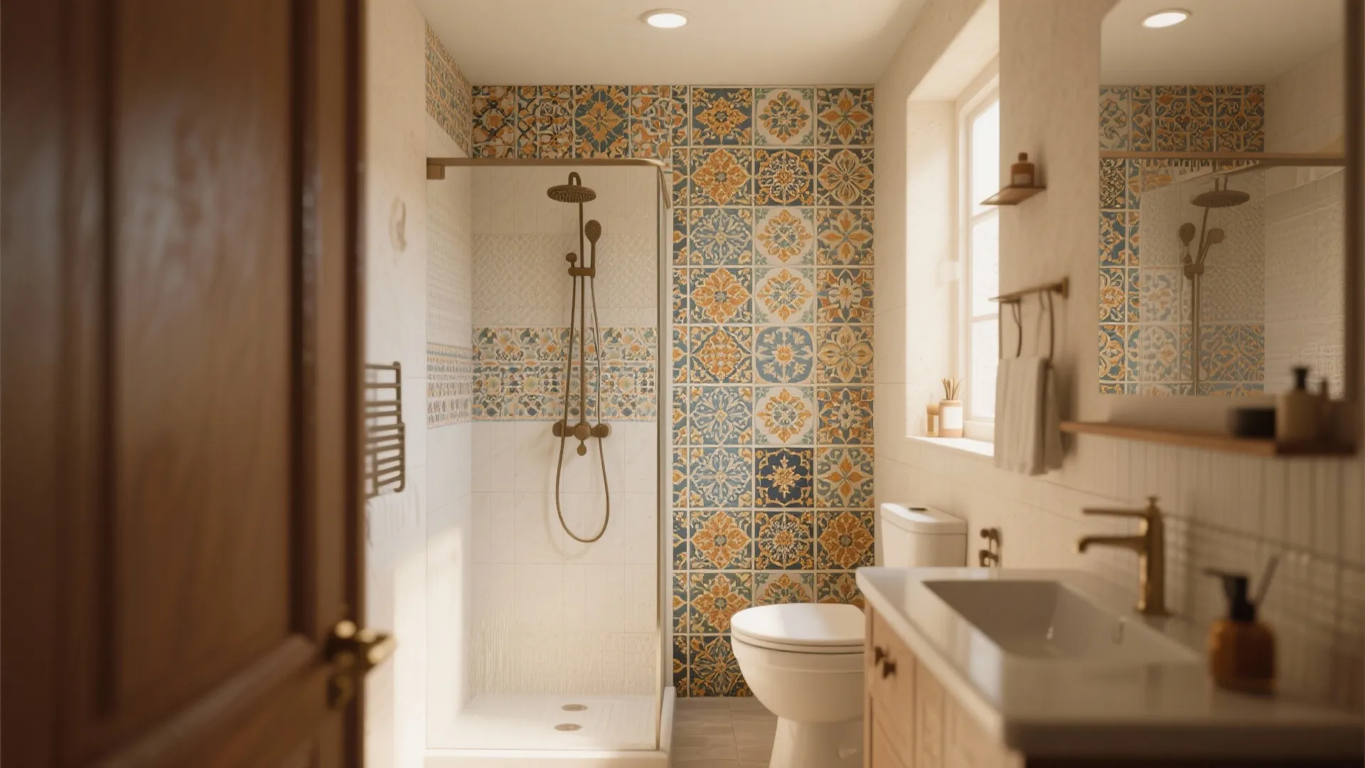 Small bathroom featuring blue and yellow patterned wall tiles walk-in shower toilet and wooden cabinet
