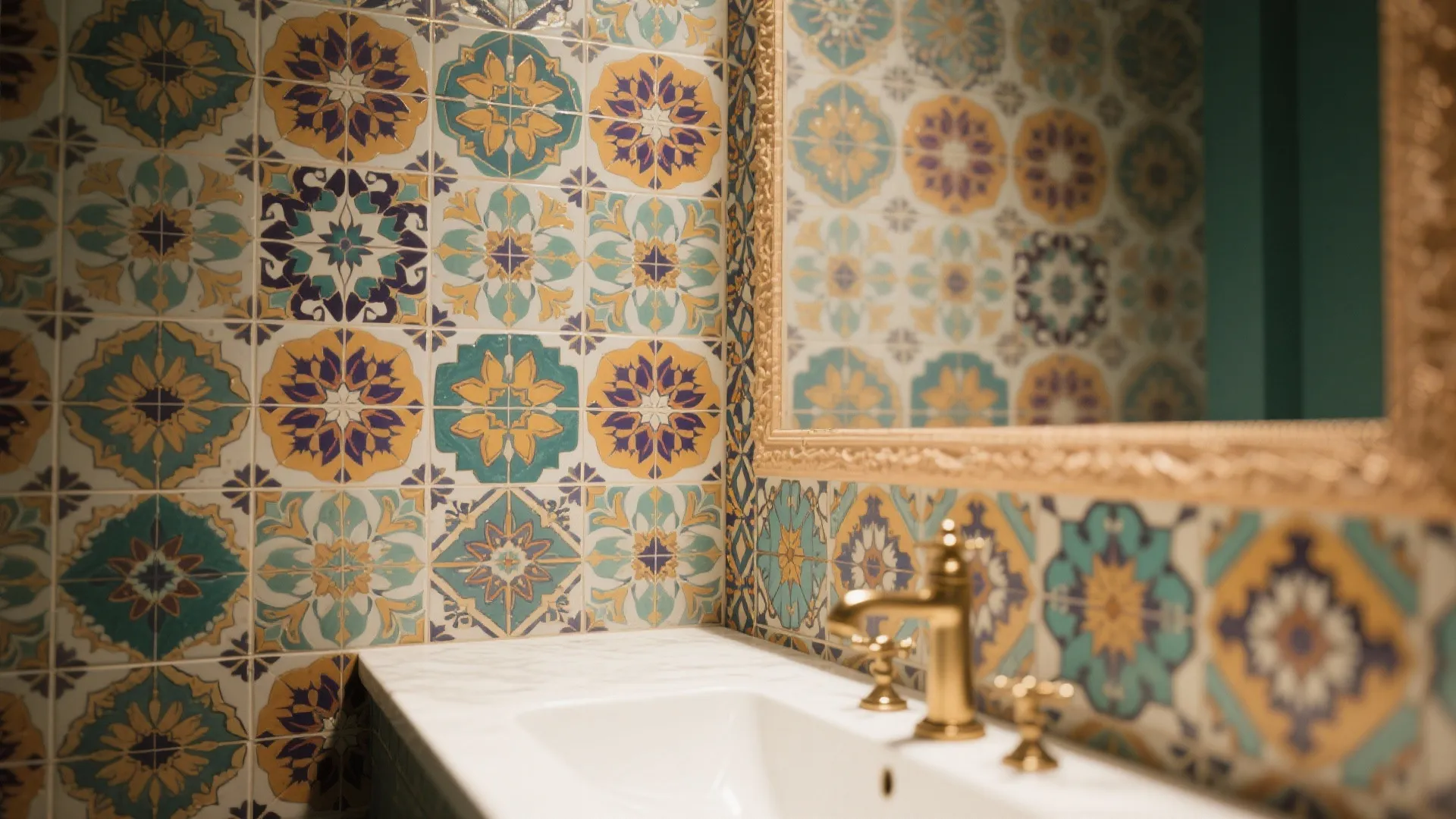 Bathroom interior with colorful flower pattern wall tiles gold water tap white sink and mirror