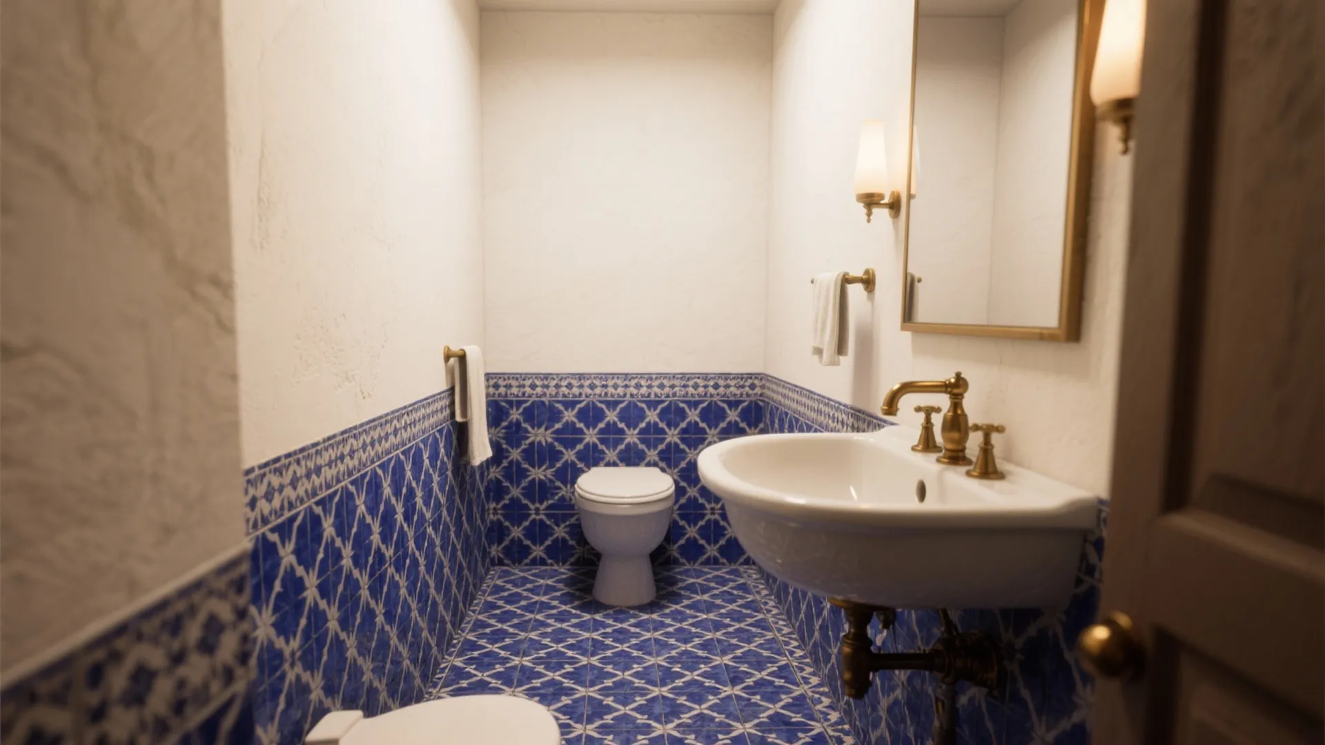 Small bathroom featuring blue patterned wall tiles white toilet white sink and gold light fixture
