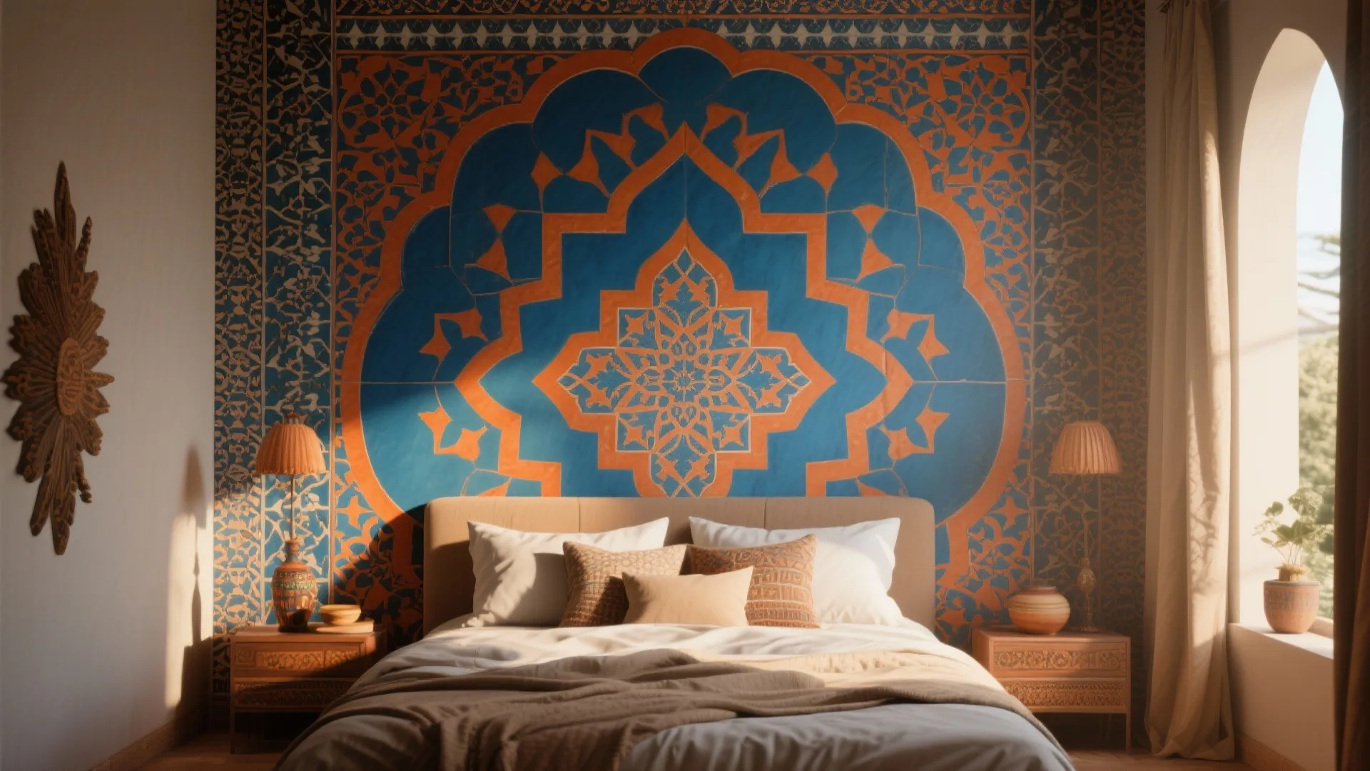 Cozy bedroom with blue and orange pattern wall art decorative table lamps and warm natural sunlight
